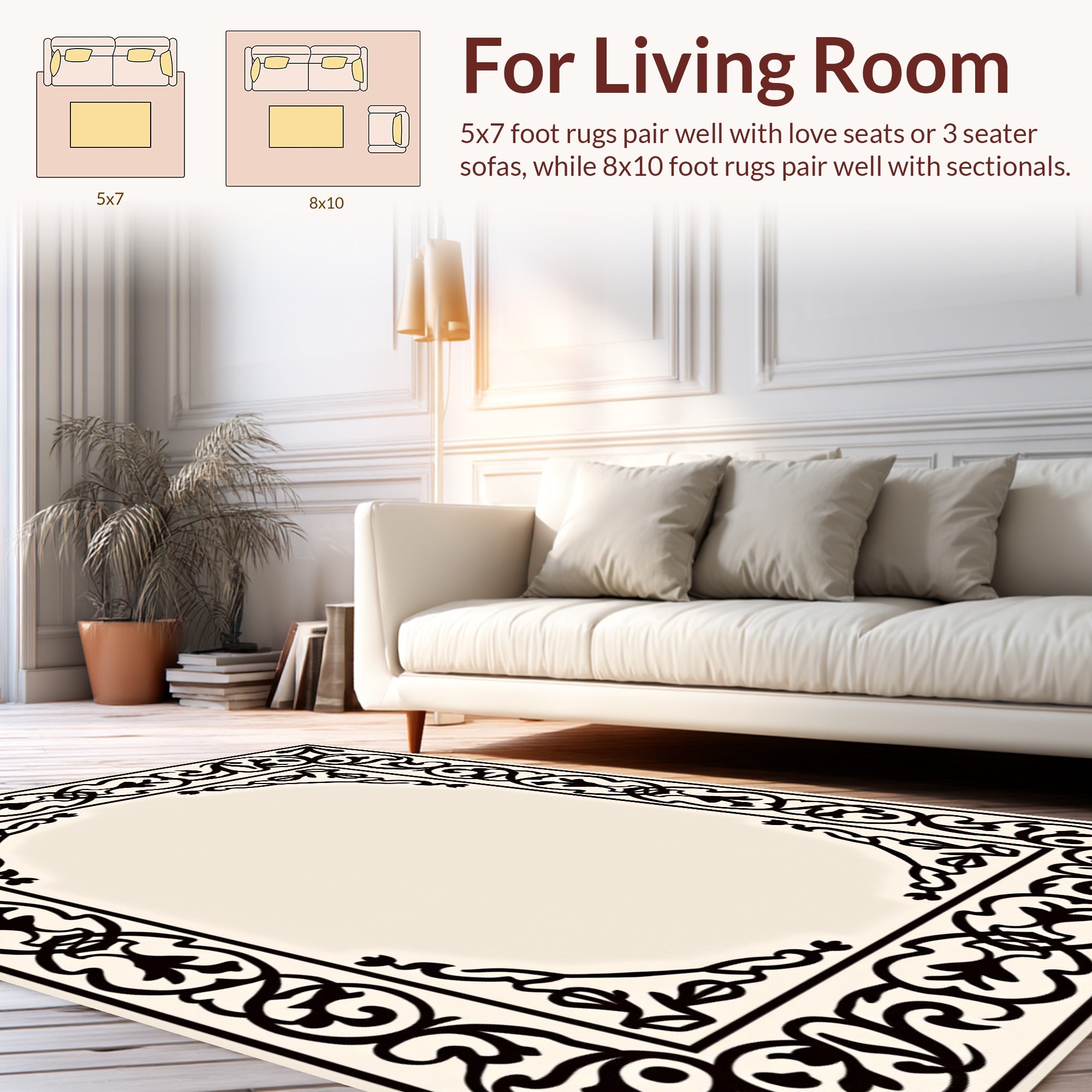 Elaborate Black Floral Border Design Rug