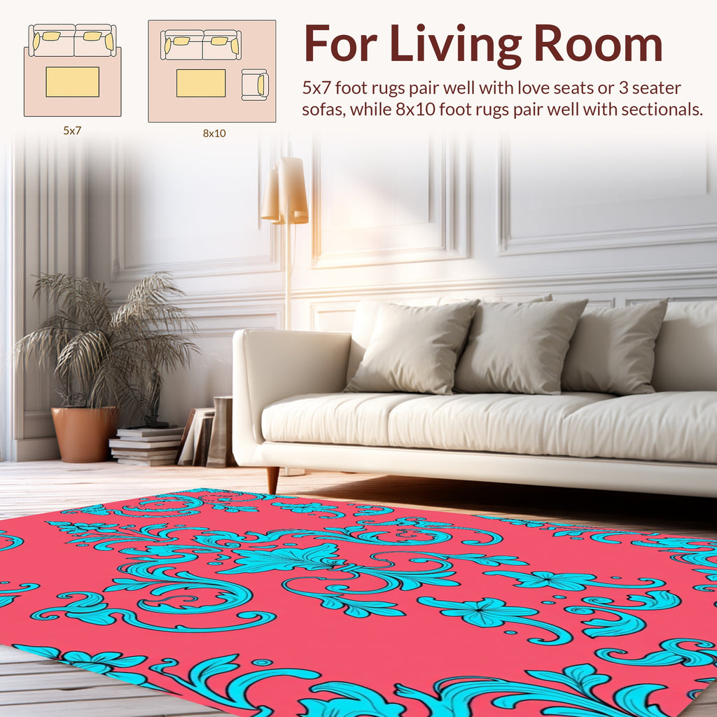 Turquoise Floral Damask Pattern Rug