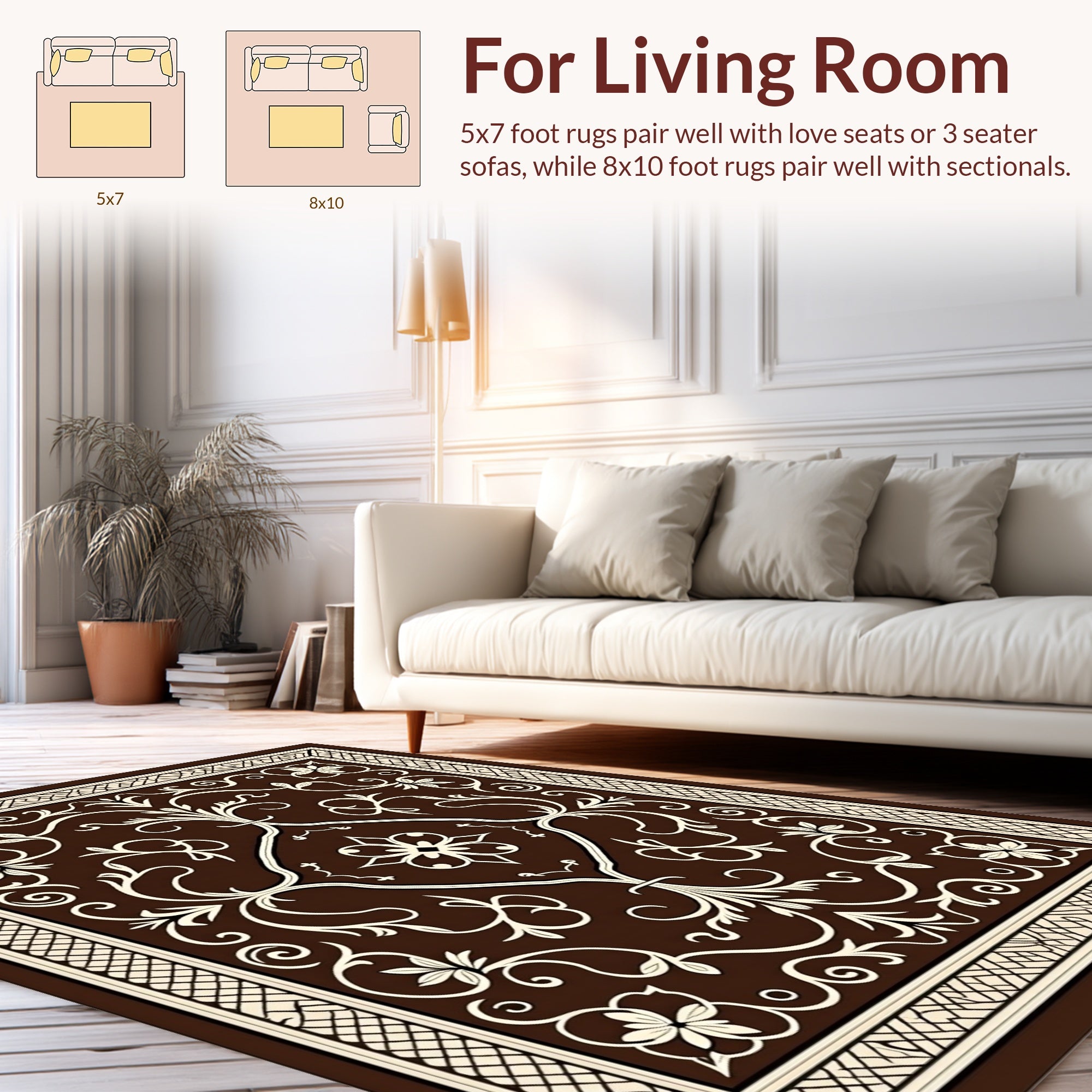 Brown Cream Floral Scroll Pattern Rug
