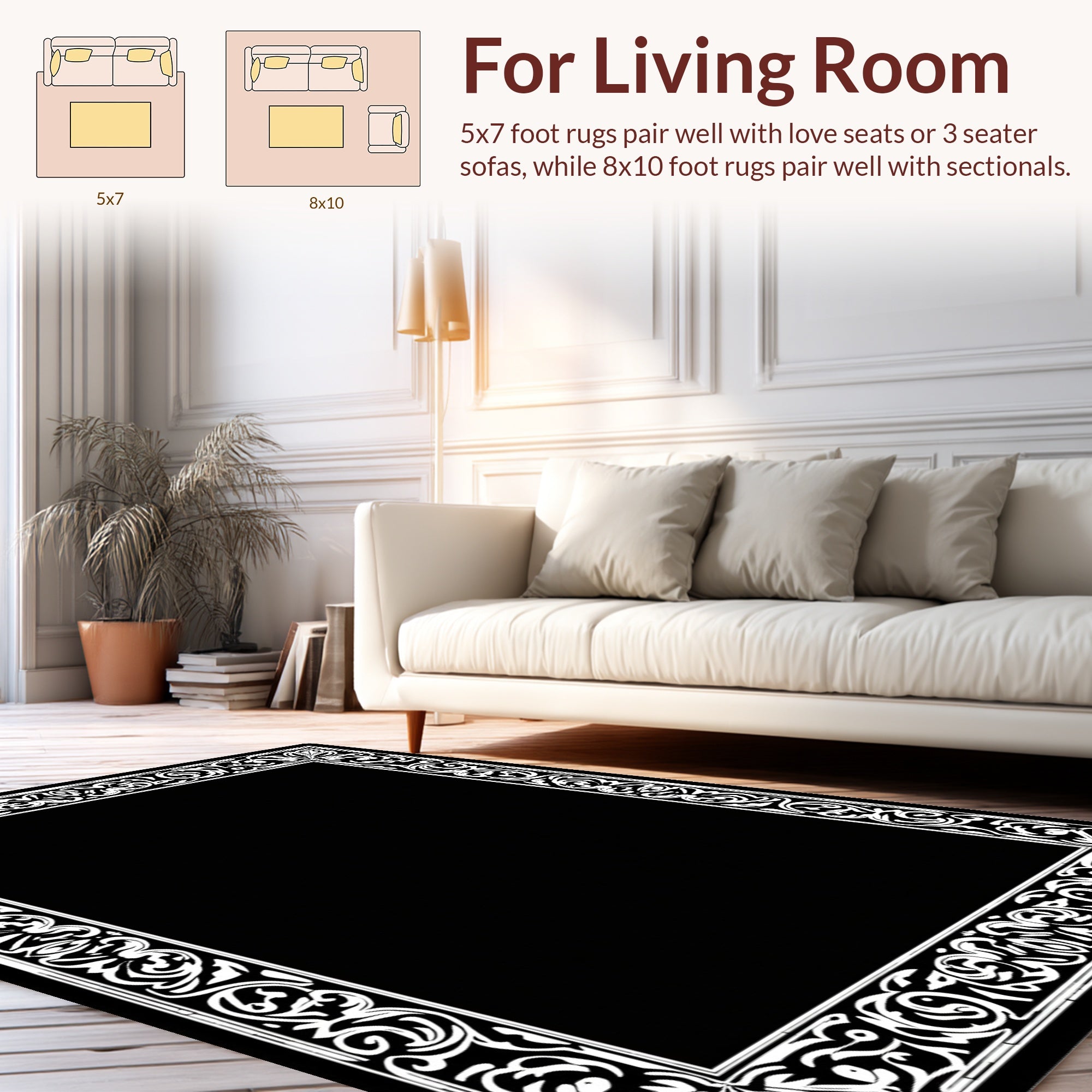 Classic Black White Floral Border Rug