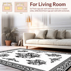 Ornate Black Scrollwork and Floral Pattern Rug
