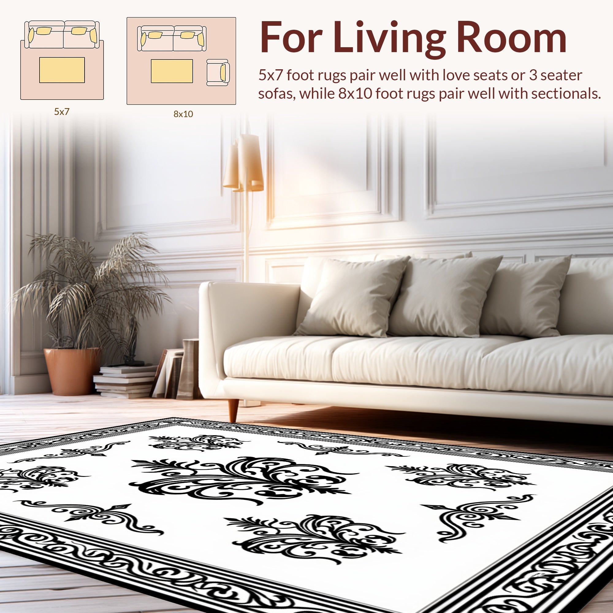 Ornate Black Scrollwork and Floral Pattern Rug