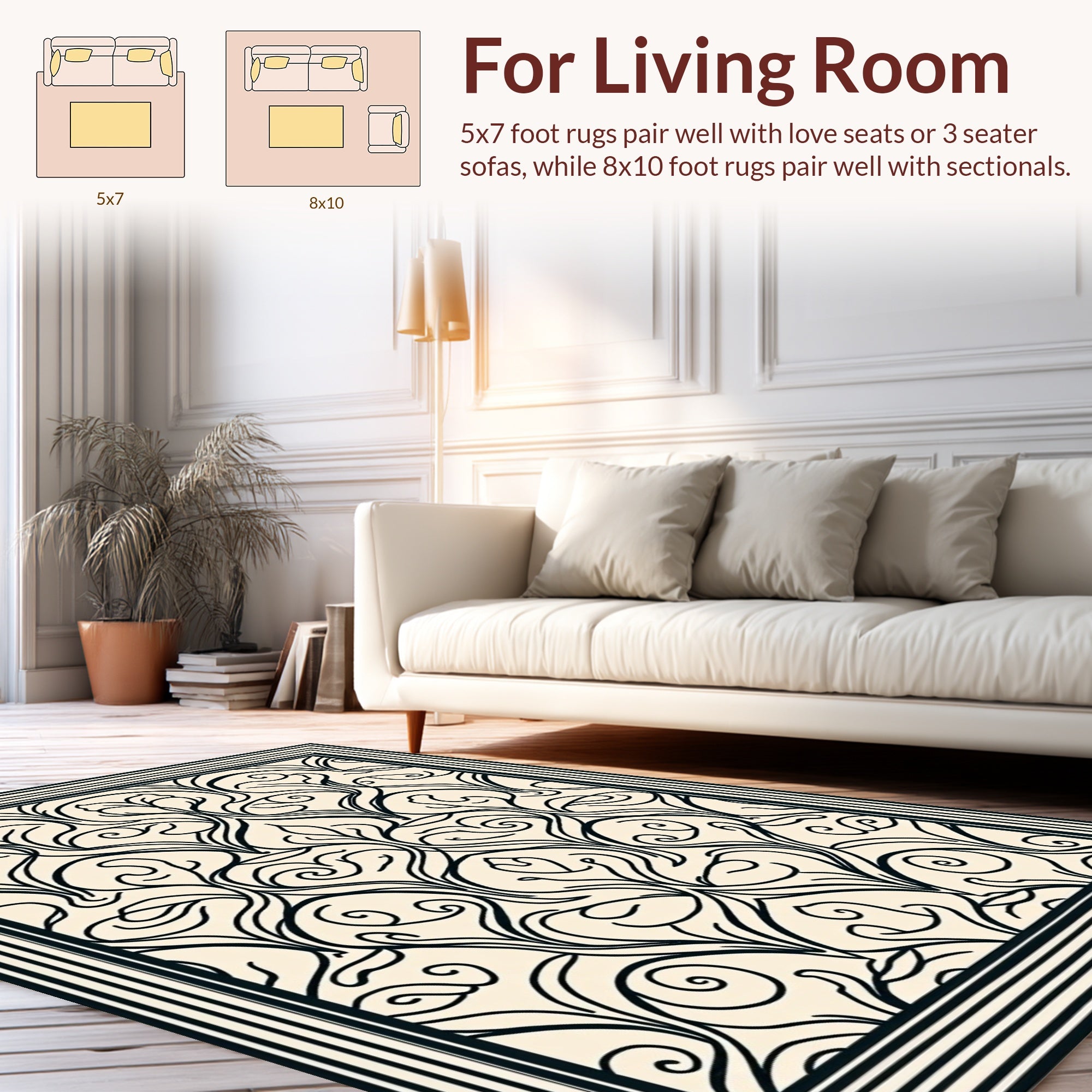 Damask Floral Scroll Black Cream Rug