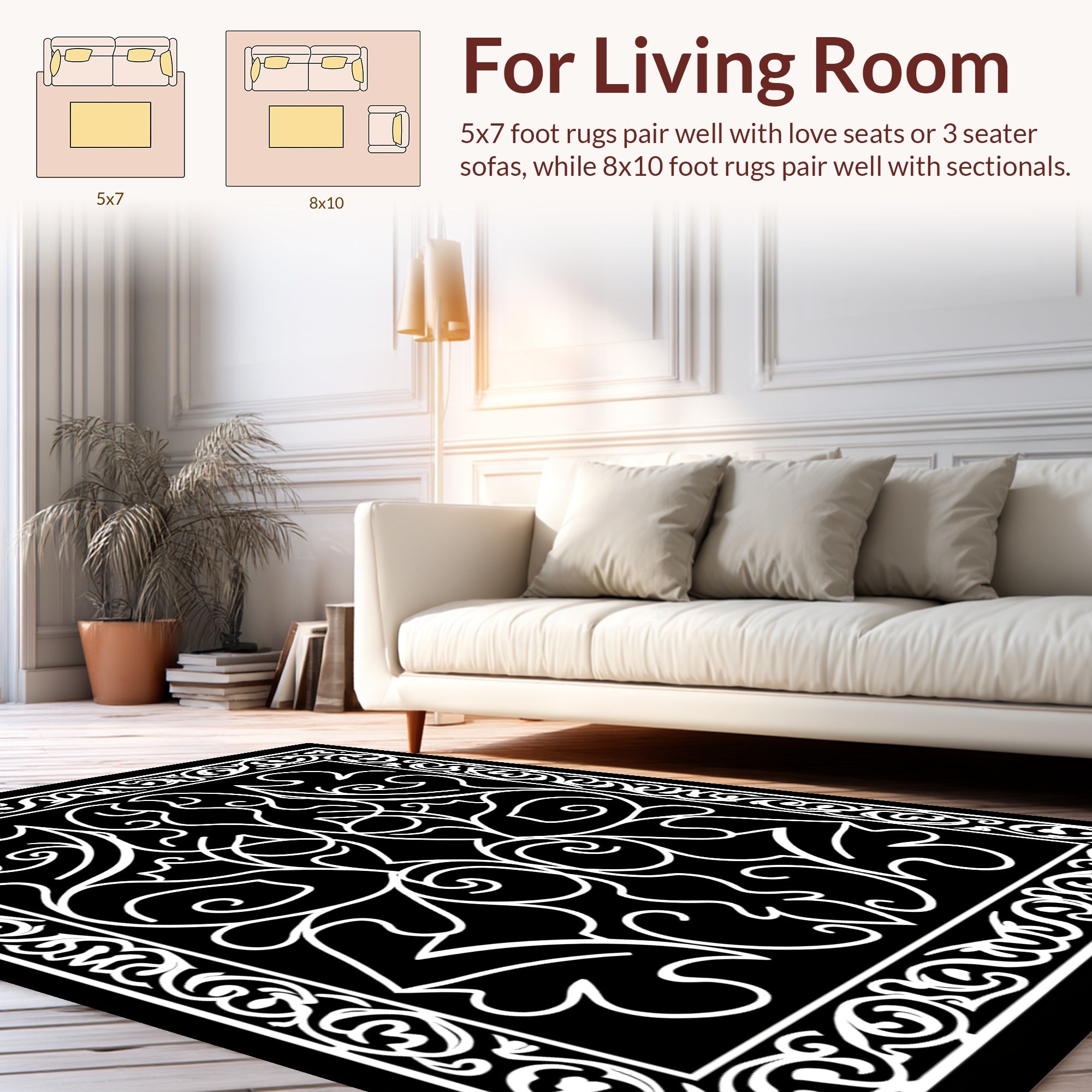 Black White Traditional Floral Pattern Rug