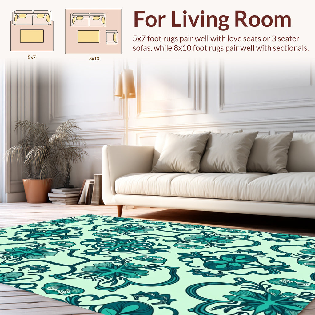 Teal Ornamental Floral Pattern Rug