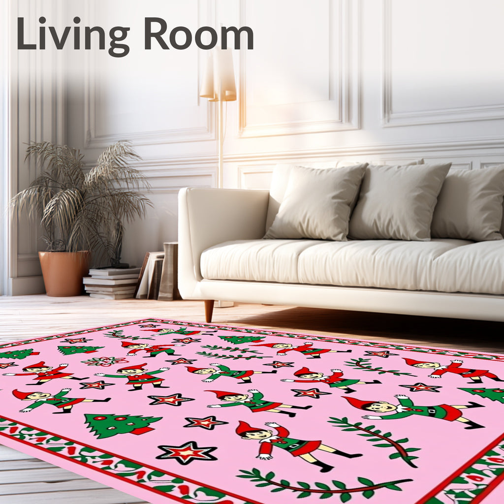 Whimsical Pink Christmas Elf Stars Rug