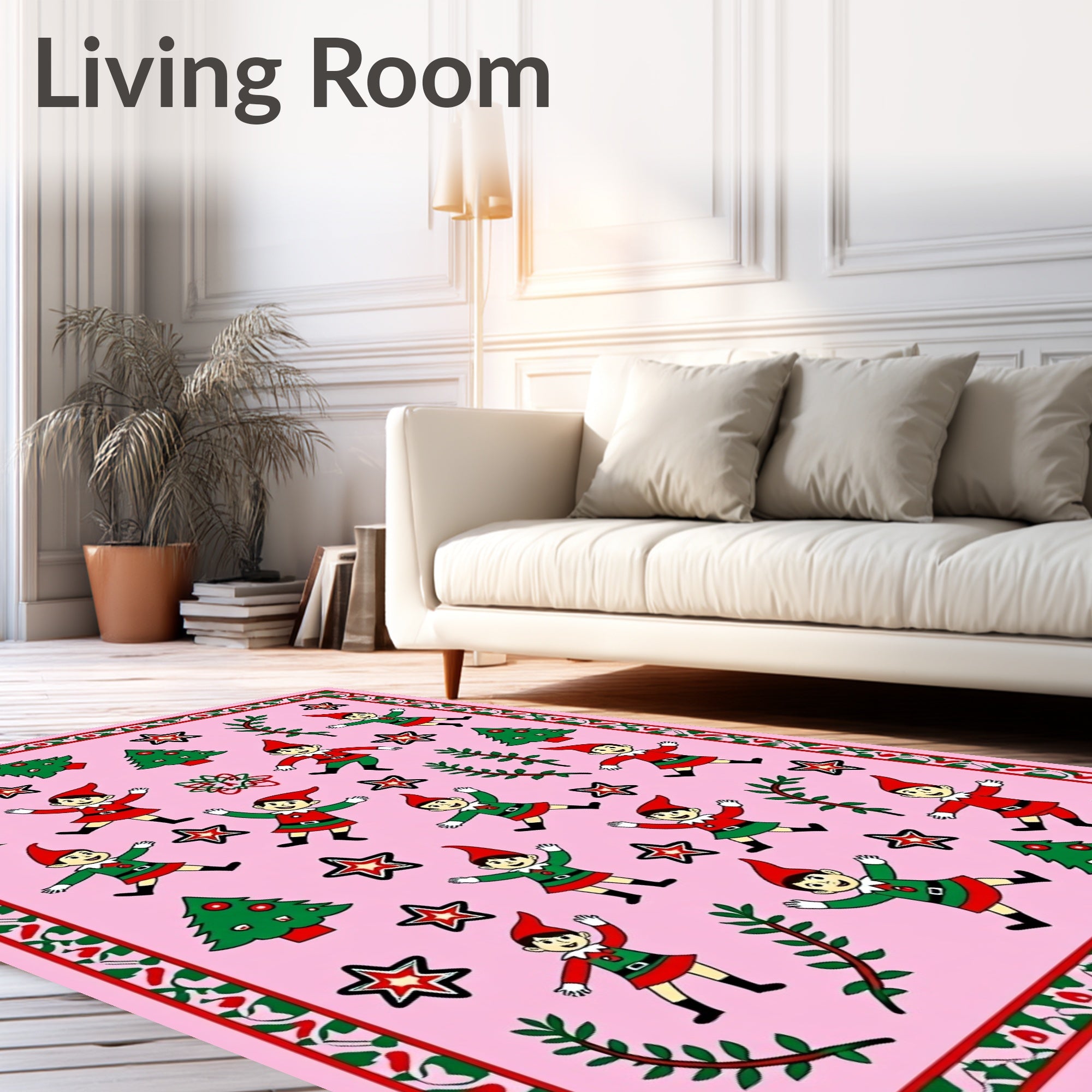 Whimsical Pink Christmas Elf Stars Rug