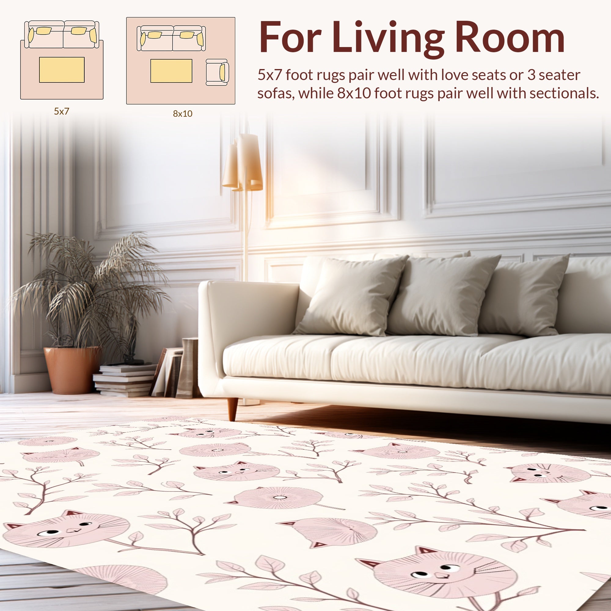 Whimsical Cat Botanical Pattern Design Rug