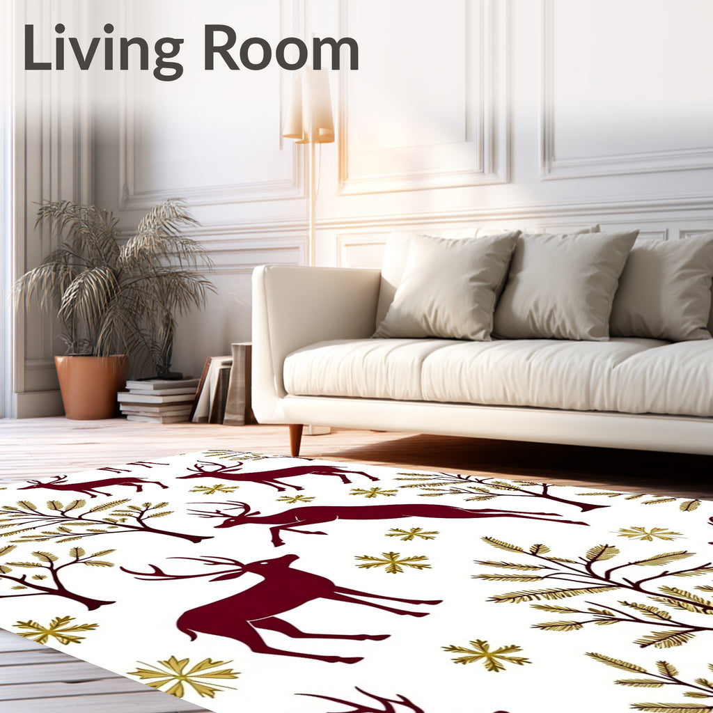 Burgundy Deer Forest with Gold Snowflakes Rug
