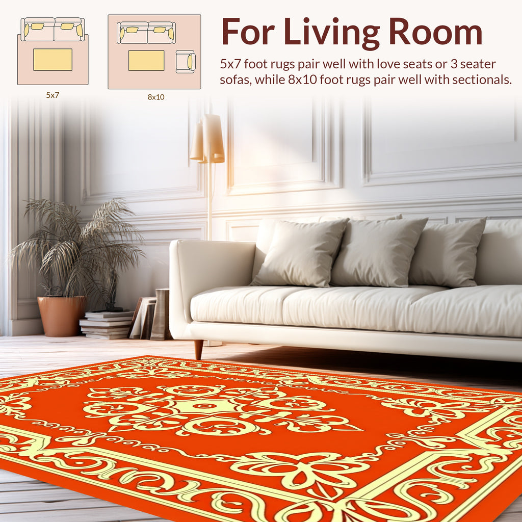 Orange Floral Scroll Pattern Rug