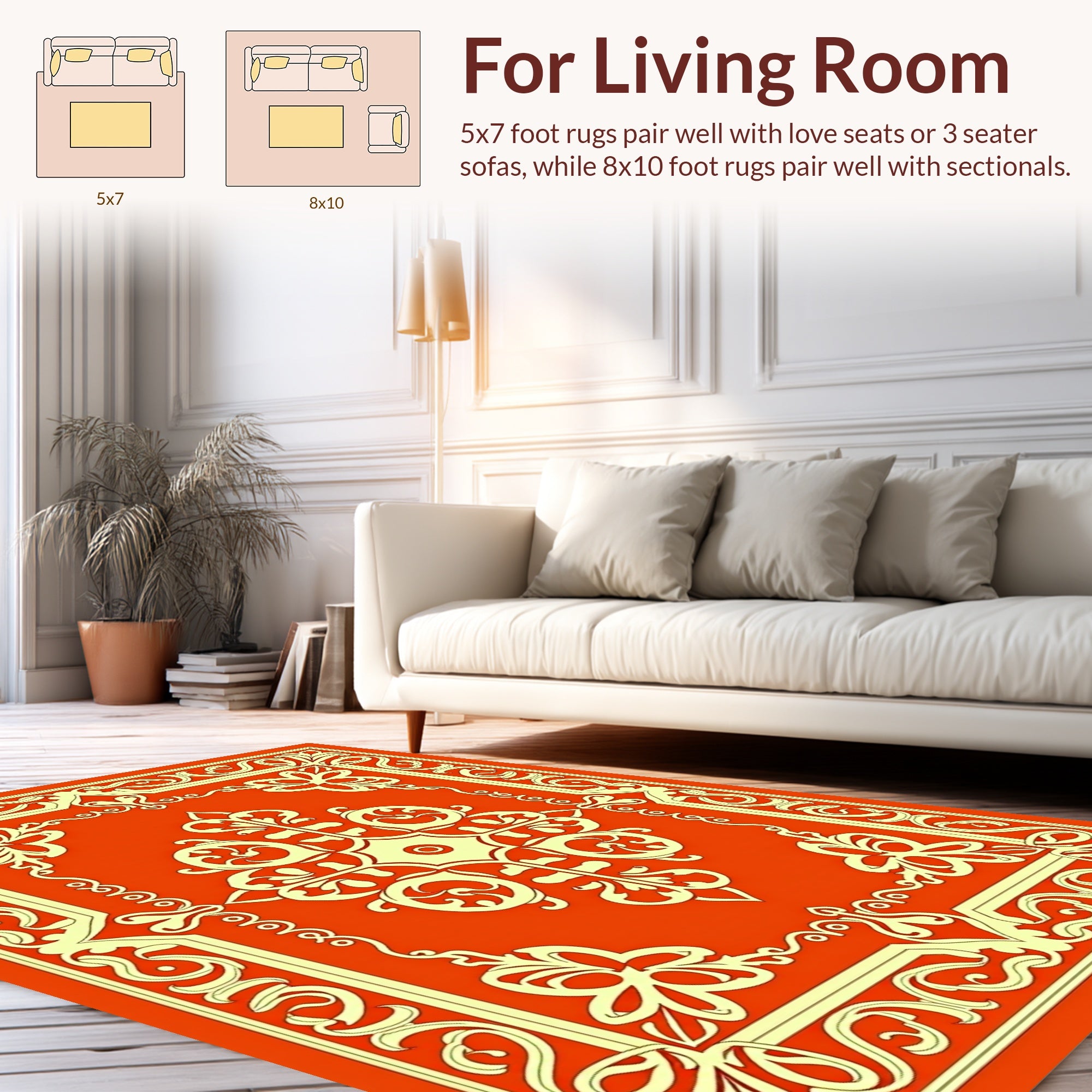 Orange Floral Scroll Pattern Rug