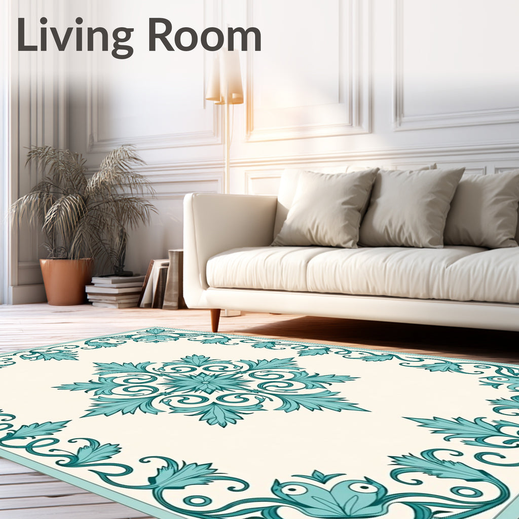 Teal Floral Swirl Detailed Pattern Rug