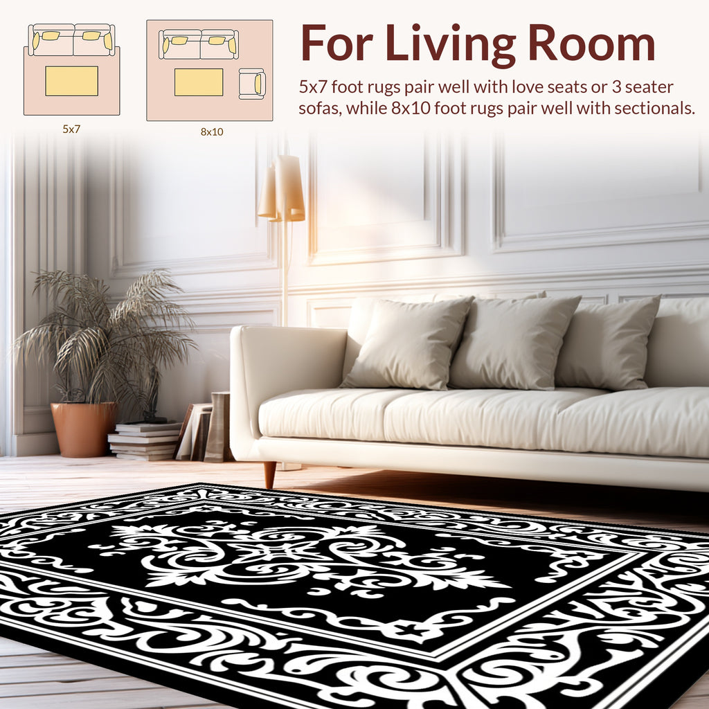 Elegant Black White Floral Pattern Rug