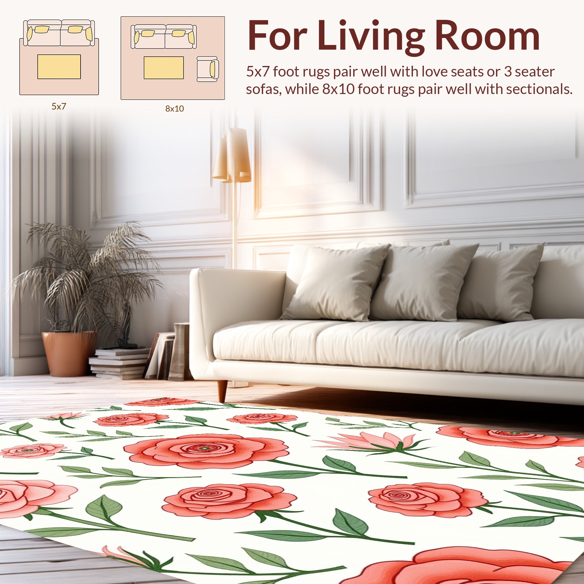 Delicate Coral Rose Floral Pattern Rug