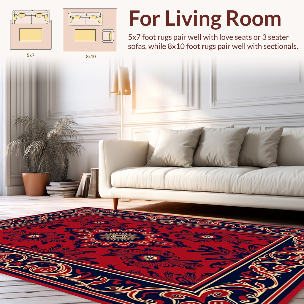 Red Navy Gold Floral Medallion Pattern Rug