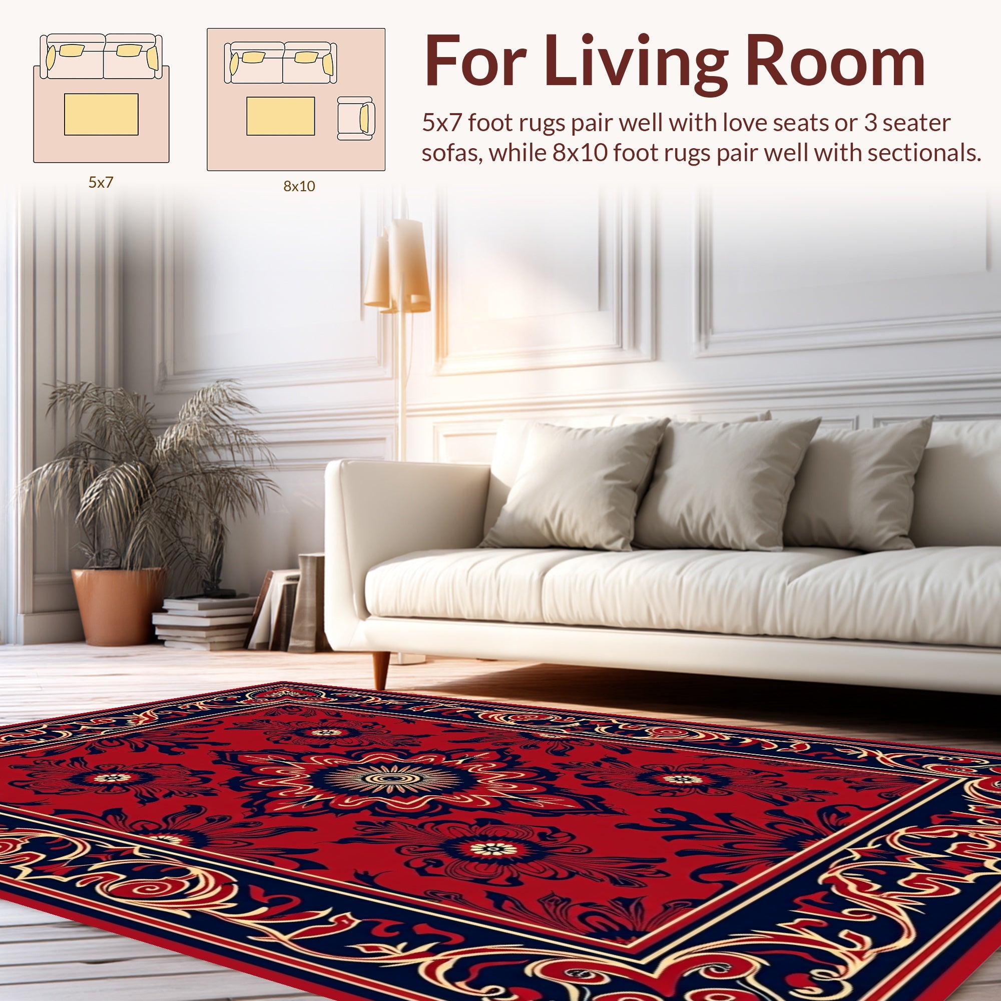Red Navy Gold Floral Medallion Pattern Rug