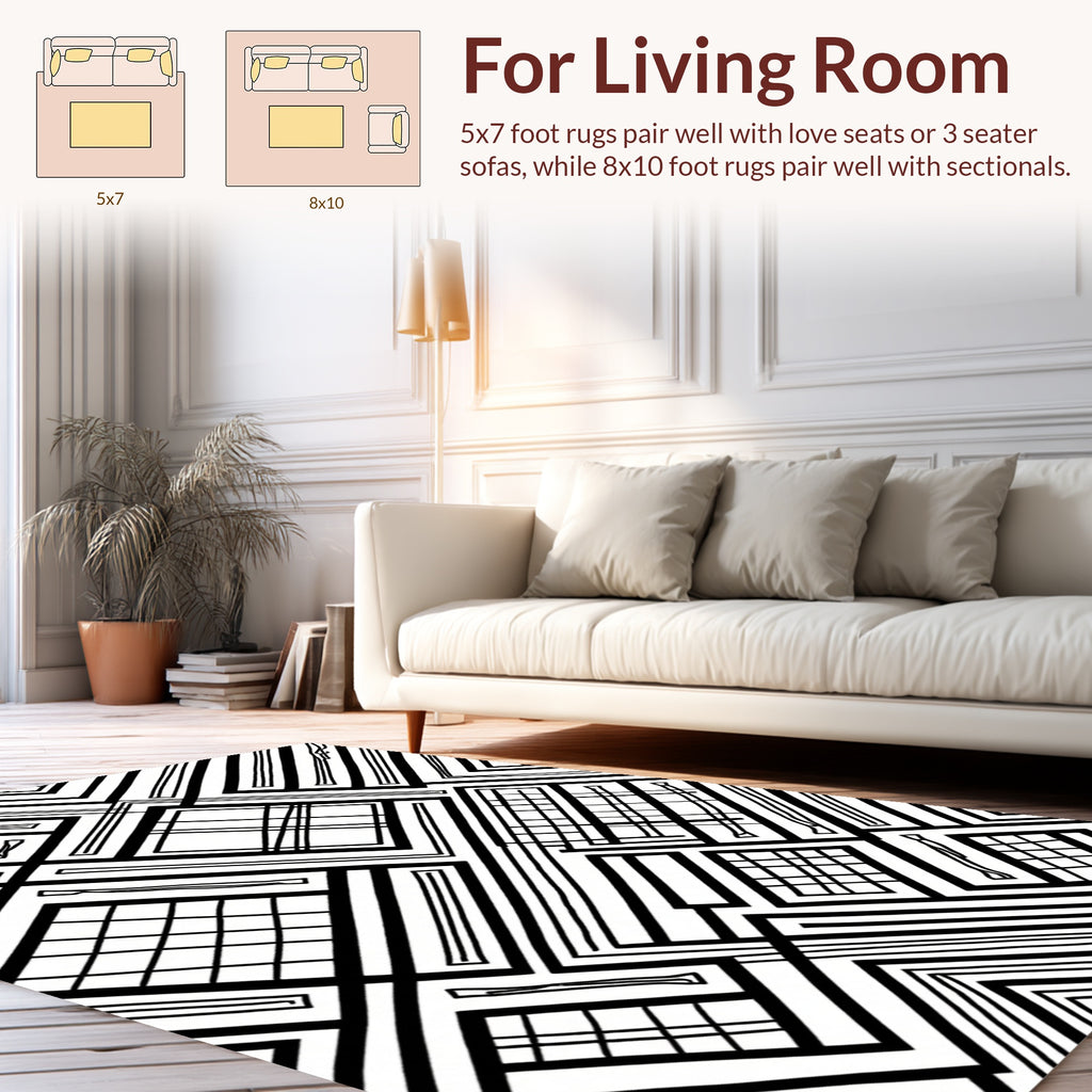 Bold Black White Geometric Lines Rug