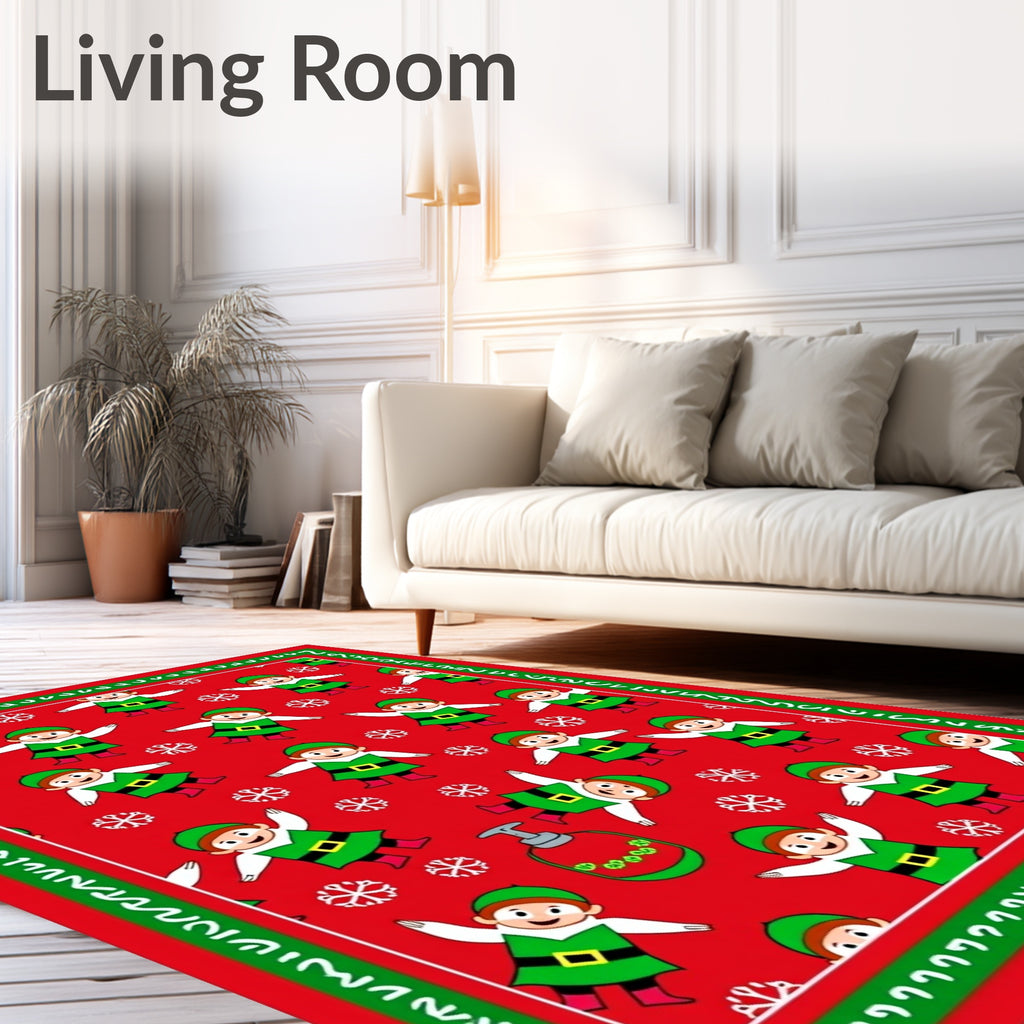 Festive Elves And Snowflakes Red Rug