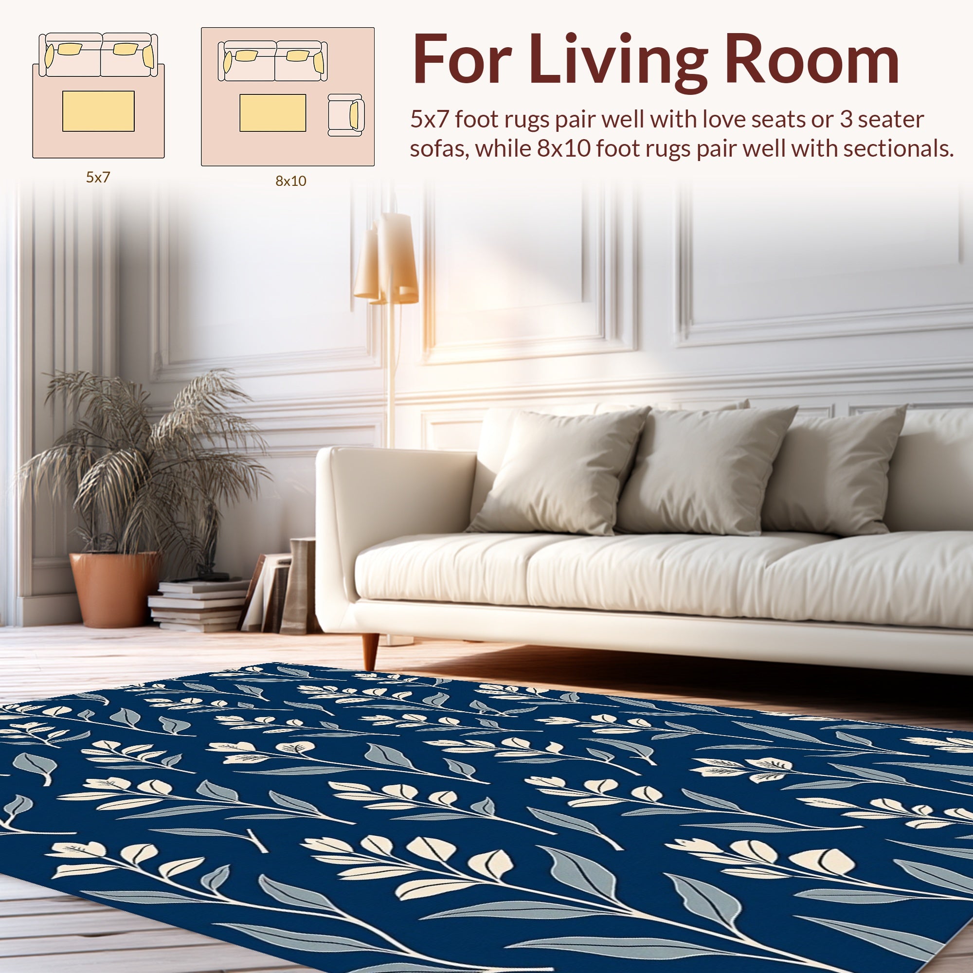 Navy Blue Botanical Leaf Pattern Rug