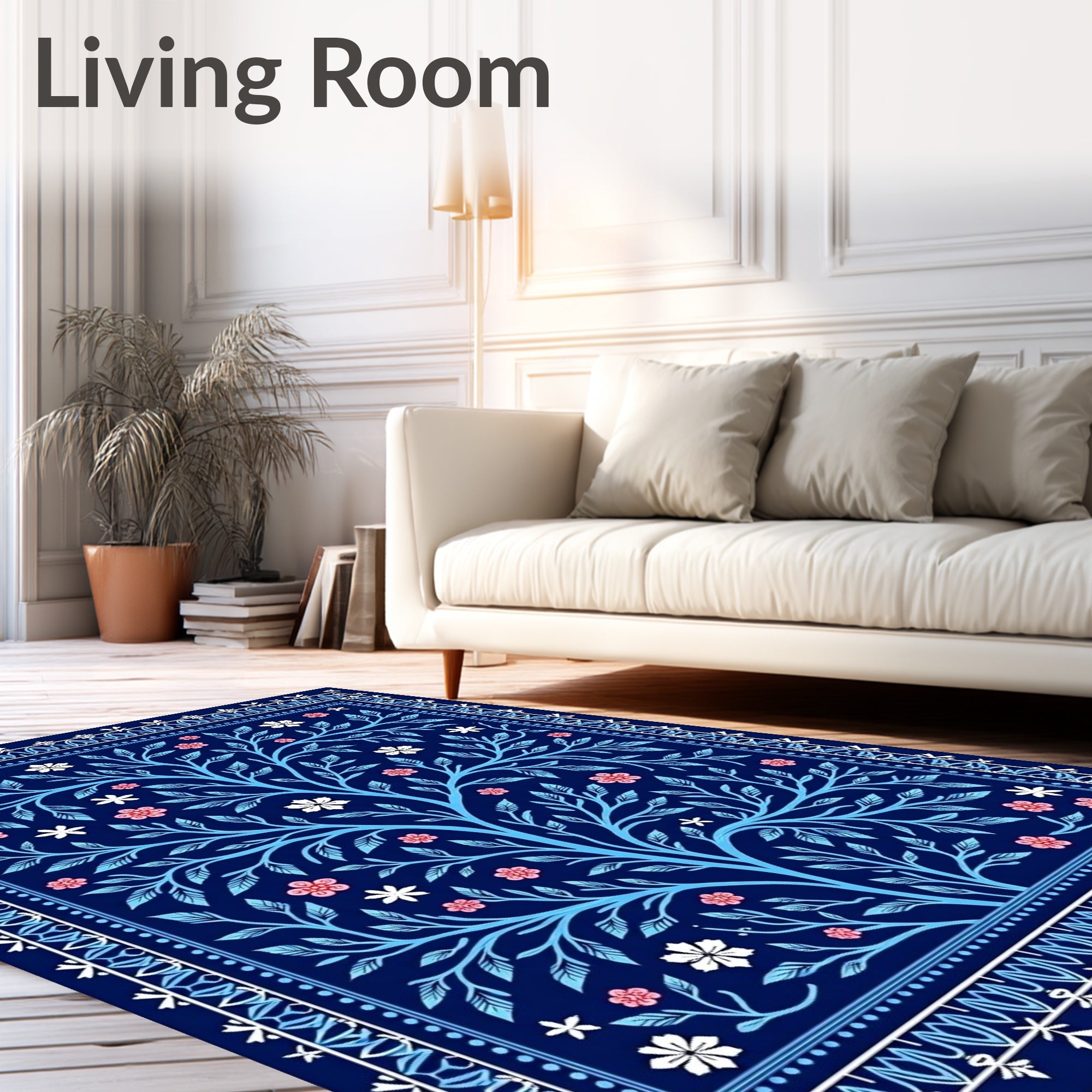Bold Blue Tree of Life Floral Rug
