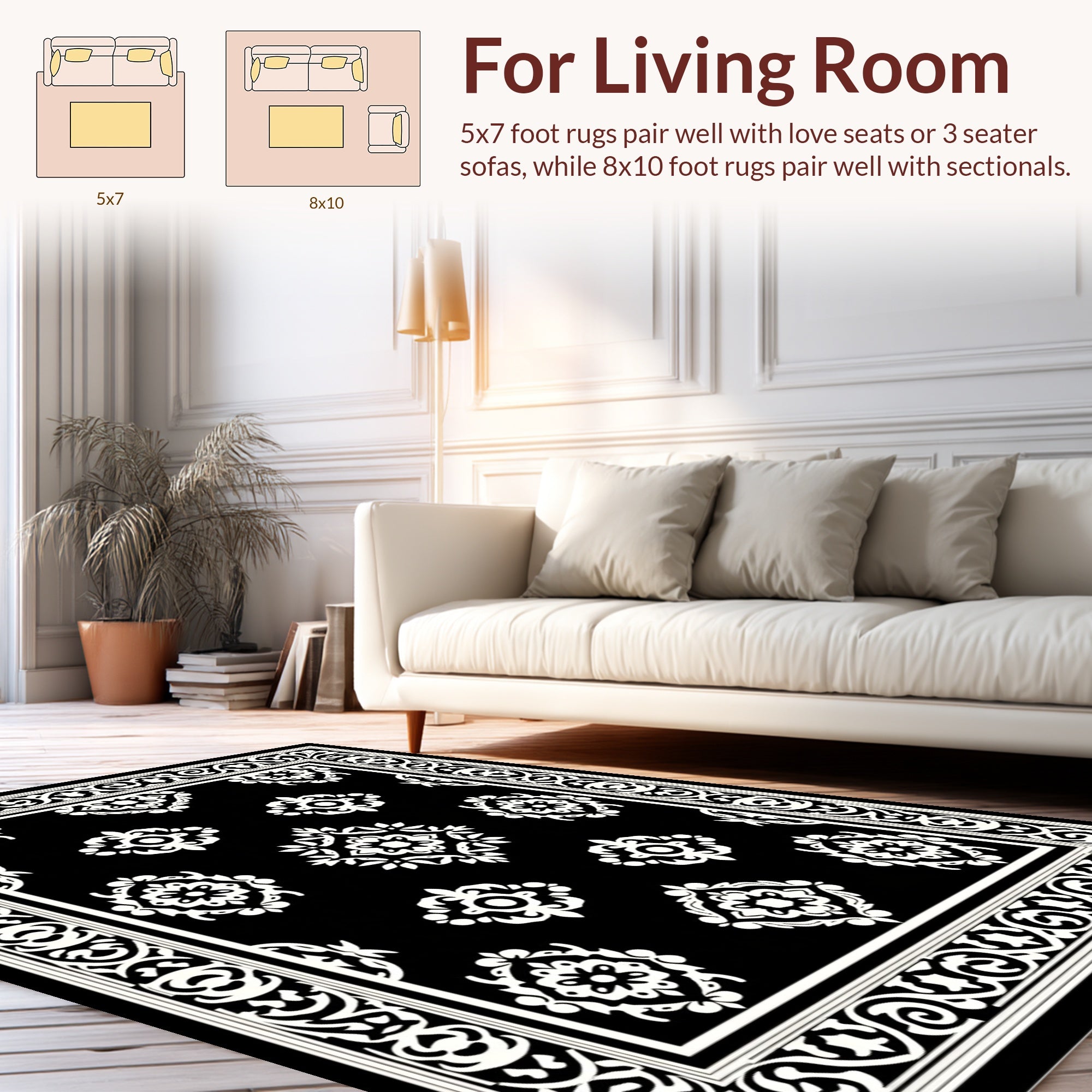 Classic Black White Floral Medallion Rug