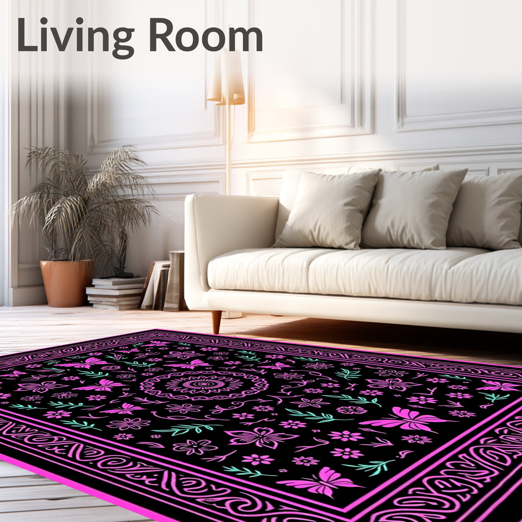 Whimsical Black Pink Butterfly Garden Rug
