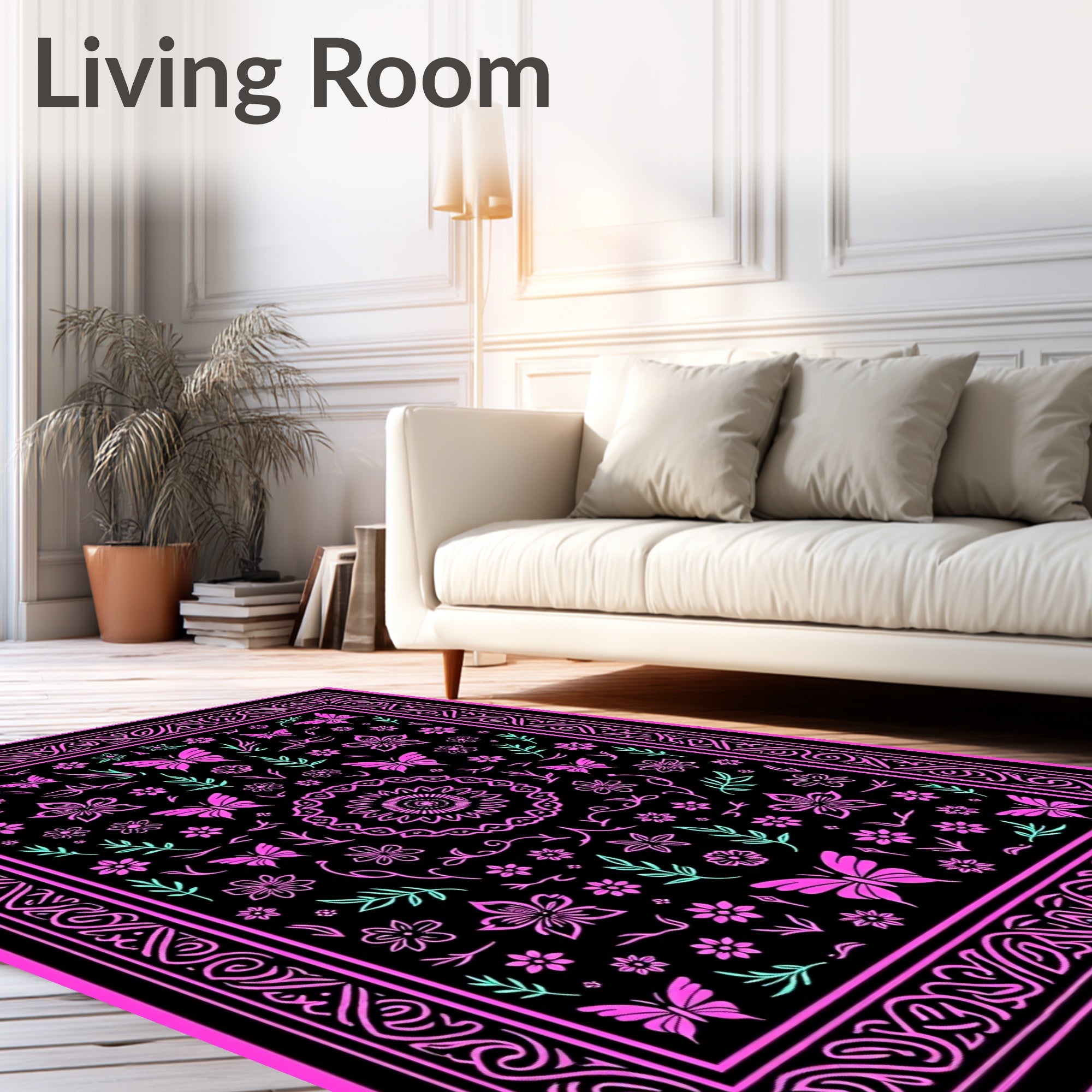 Whimsical Black Pink Butterfly Garden Rug