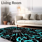 Bright Cyan Mandala Starburst Black Rug