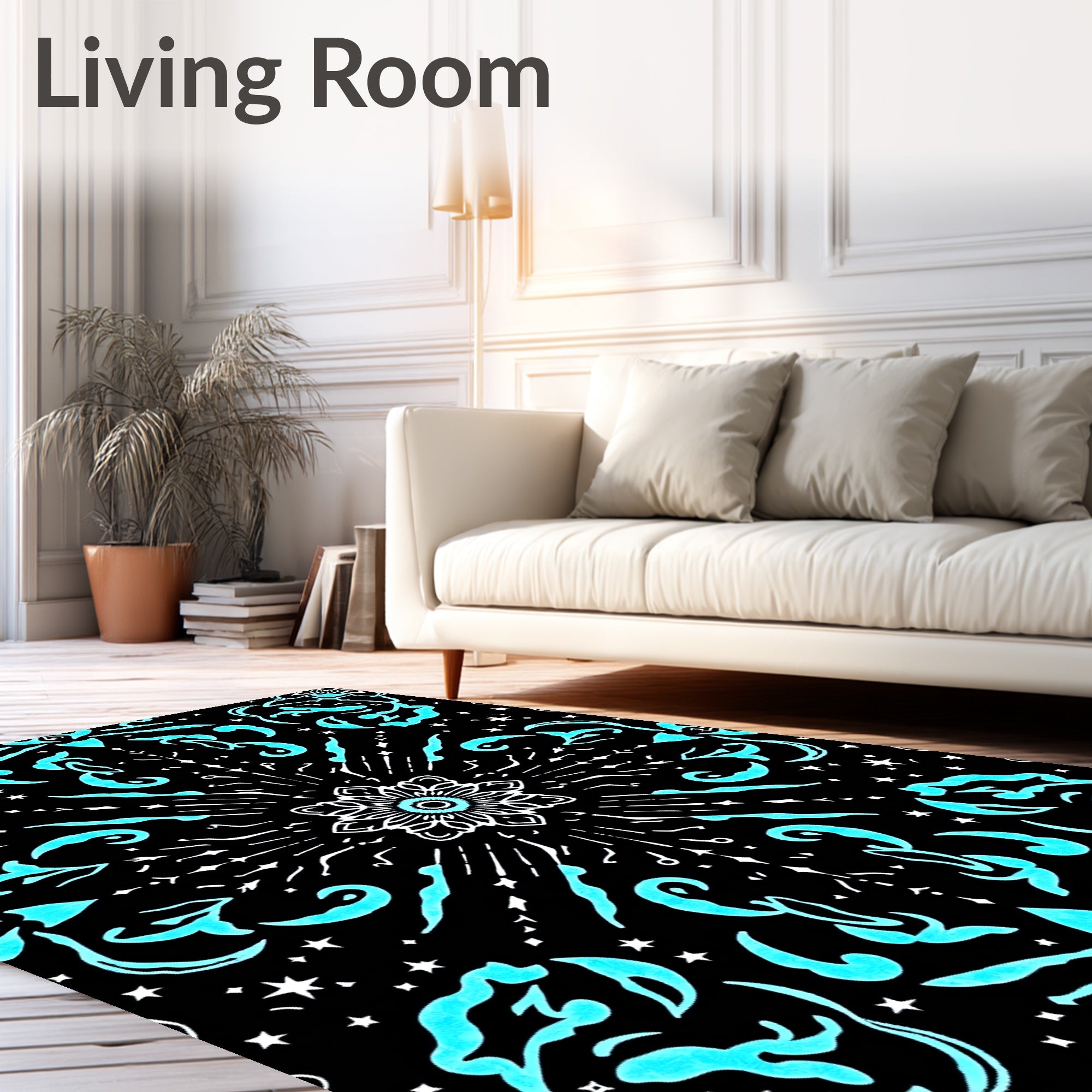 Bright Cyan Mandala Starburst Black Rug