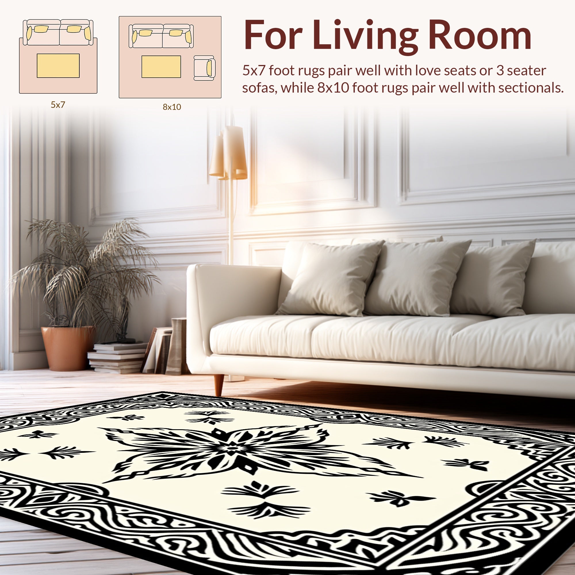 Black Floral Mandala Pattern Square Rug