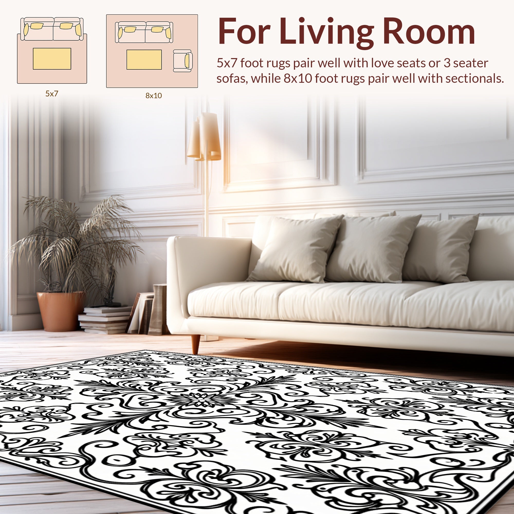 Intricate Black White Floral Scroll Rug