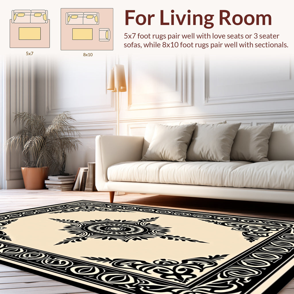 Elegant Black Cream Medallion Design Rug