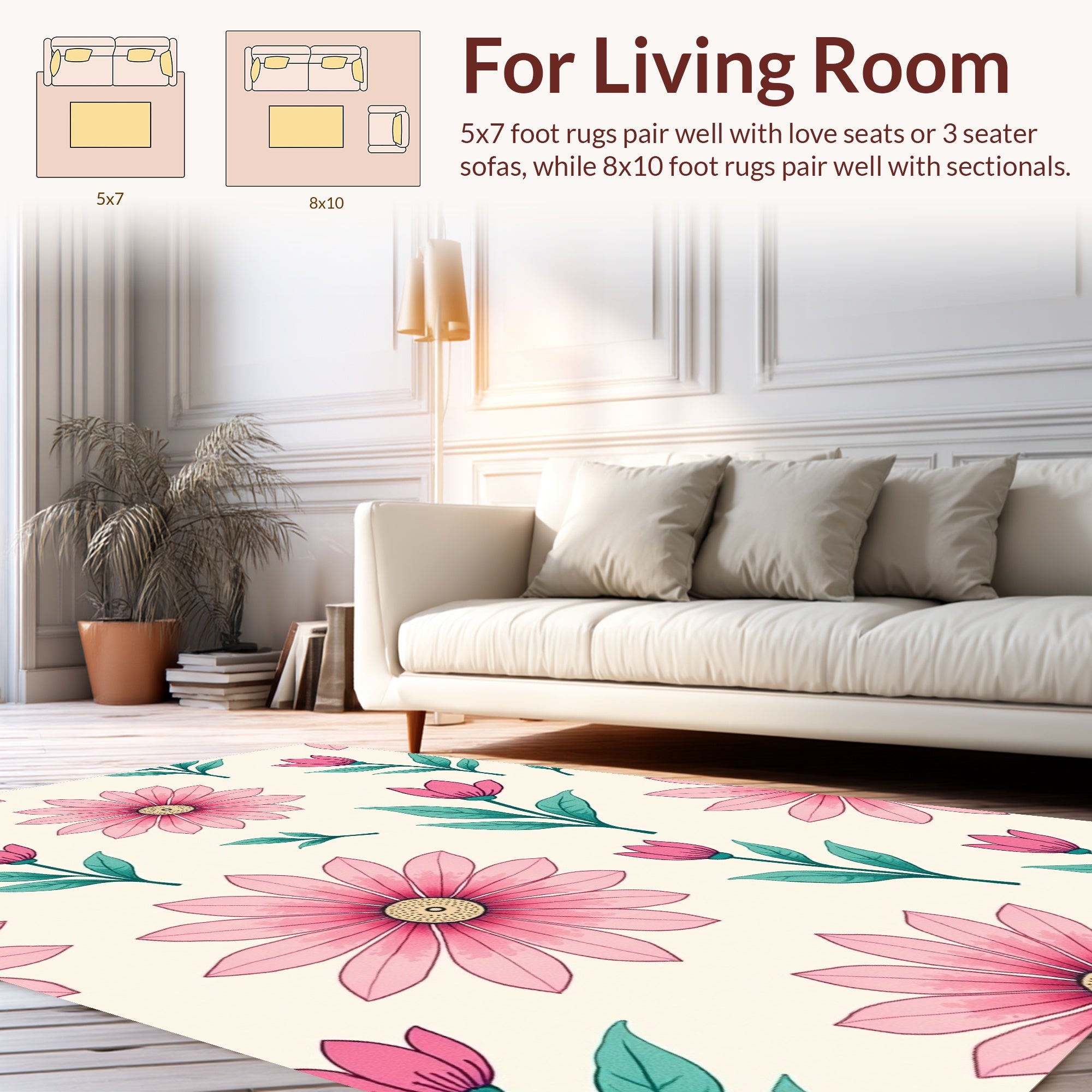 Pink Floral Pattern with Green Leaves Rug