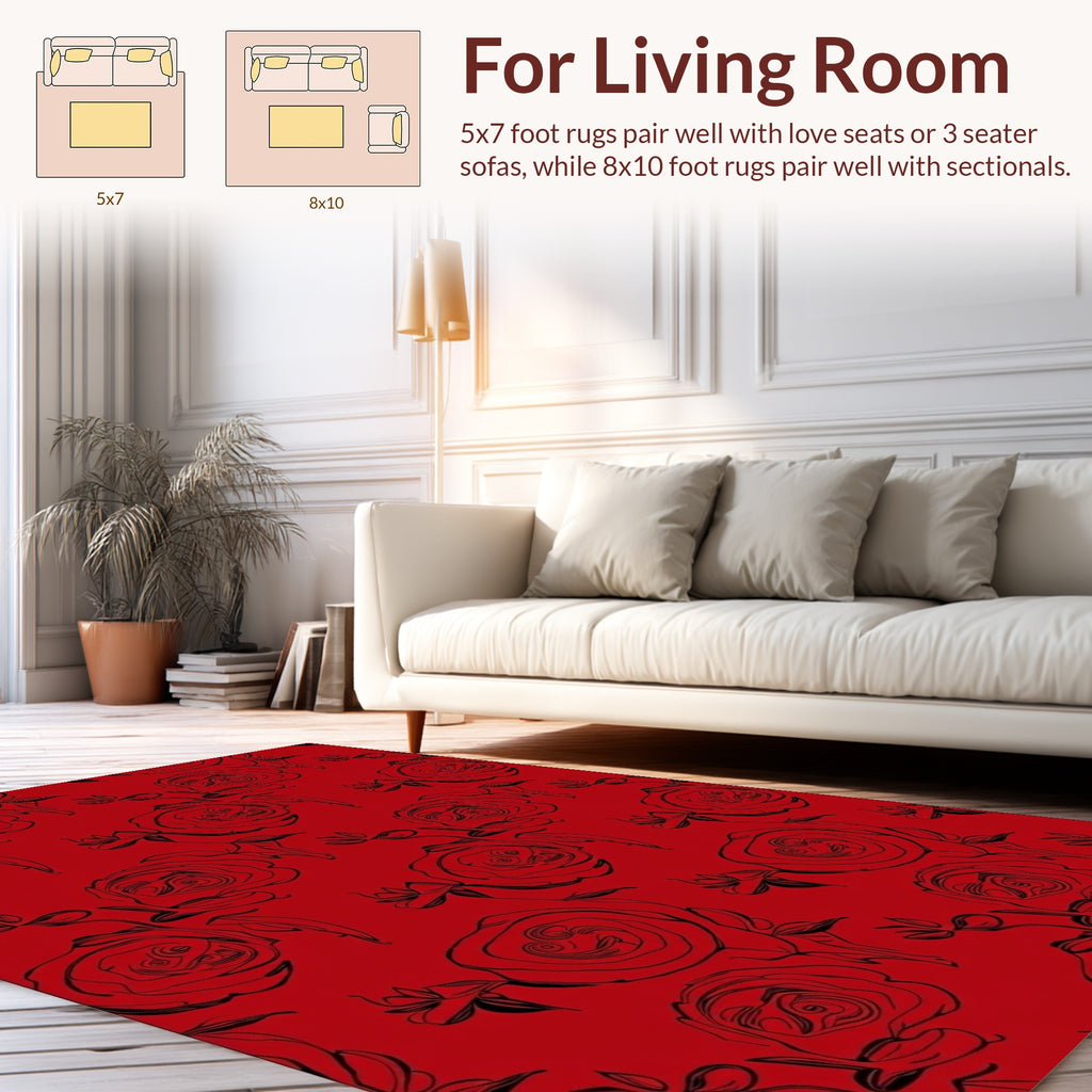 Black Outline Rose Floral Pattern Rug