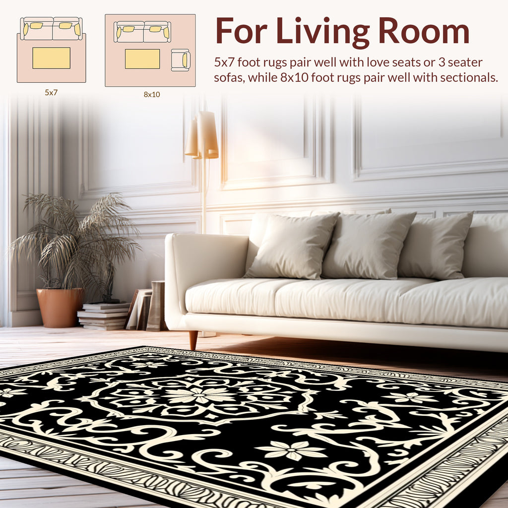 Classic Black Floral Medallion Design Rug