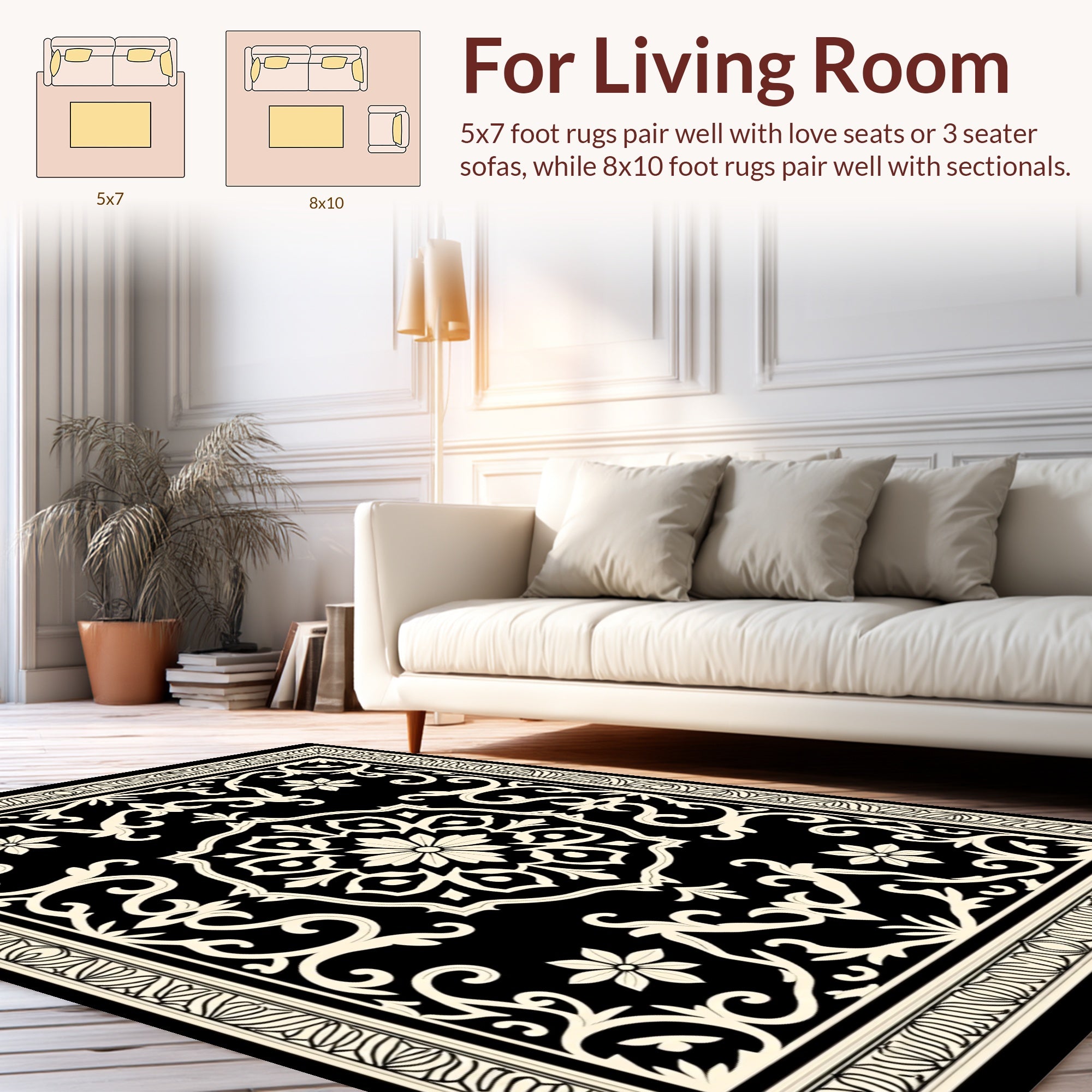 Classic Black Floral Medallion Design Rug