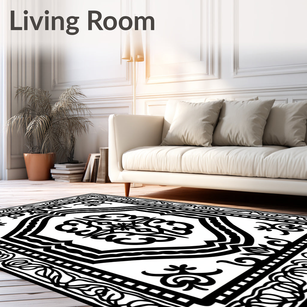 Bold Black White Ornamental Symmetry Rug