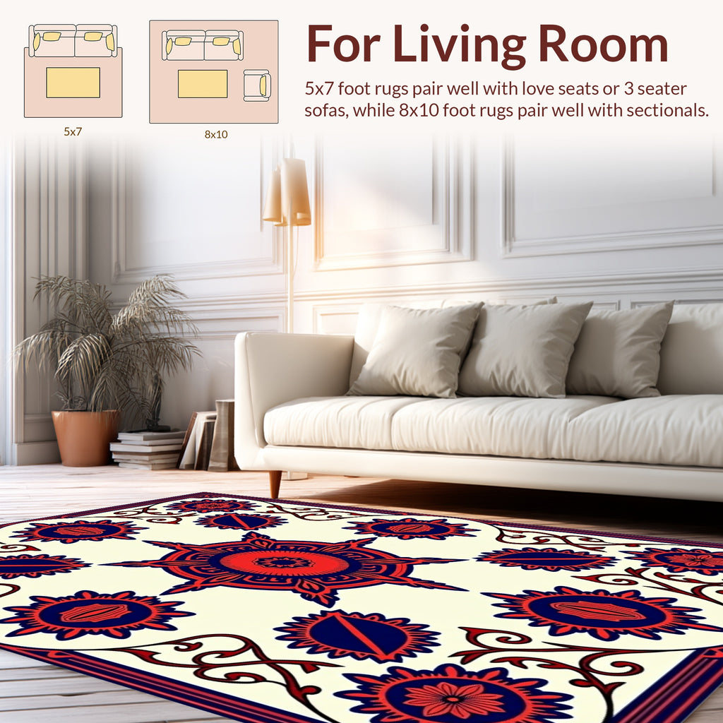 Bold Red Blue Floral Medallion Design Rug