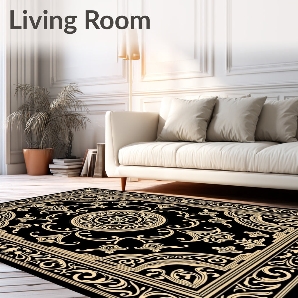 Black Gold Ornate Central Medallion Rug