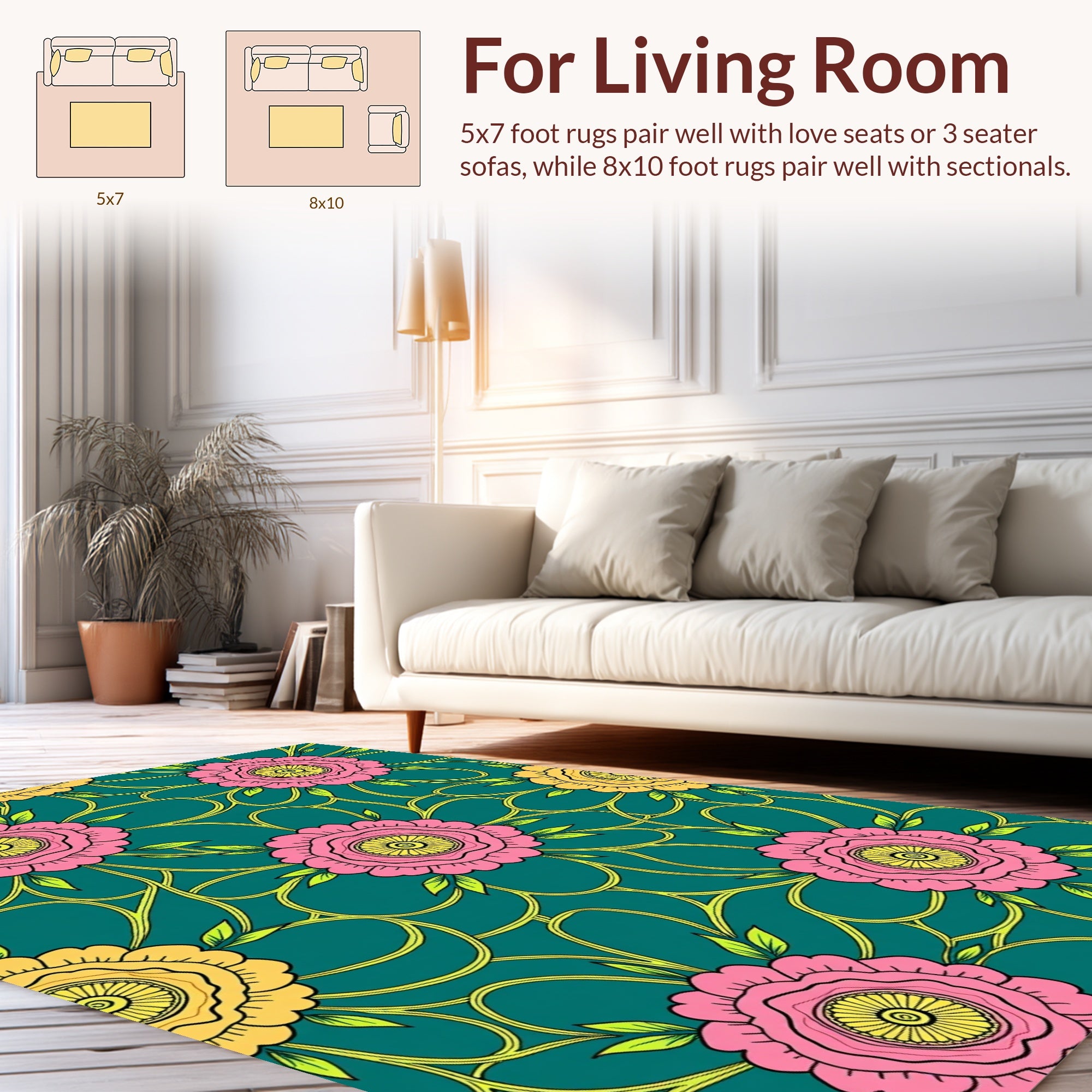 Pink Yellow Floral Vine Design Rug