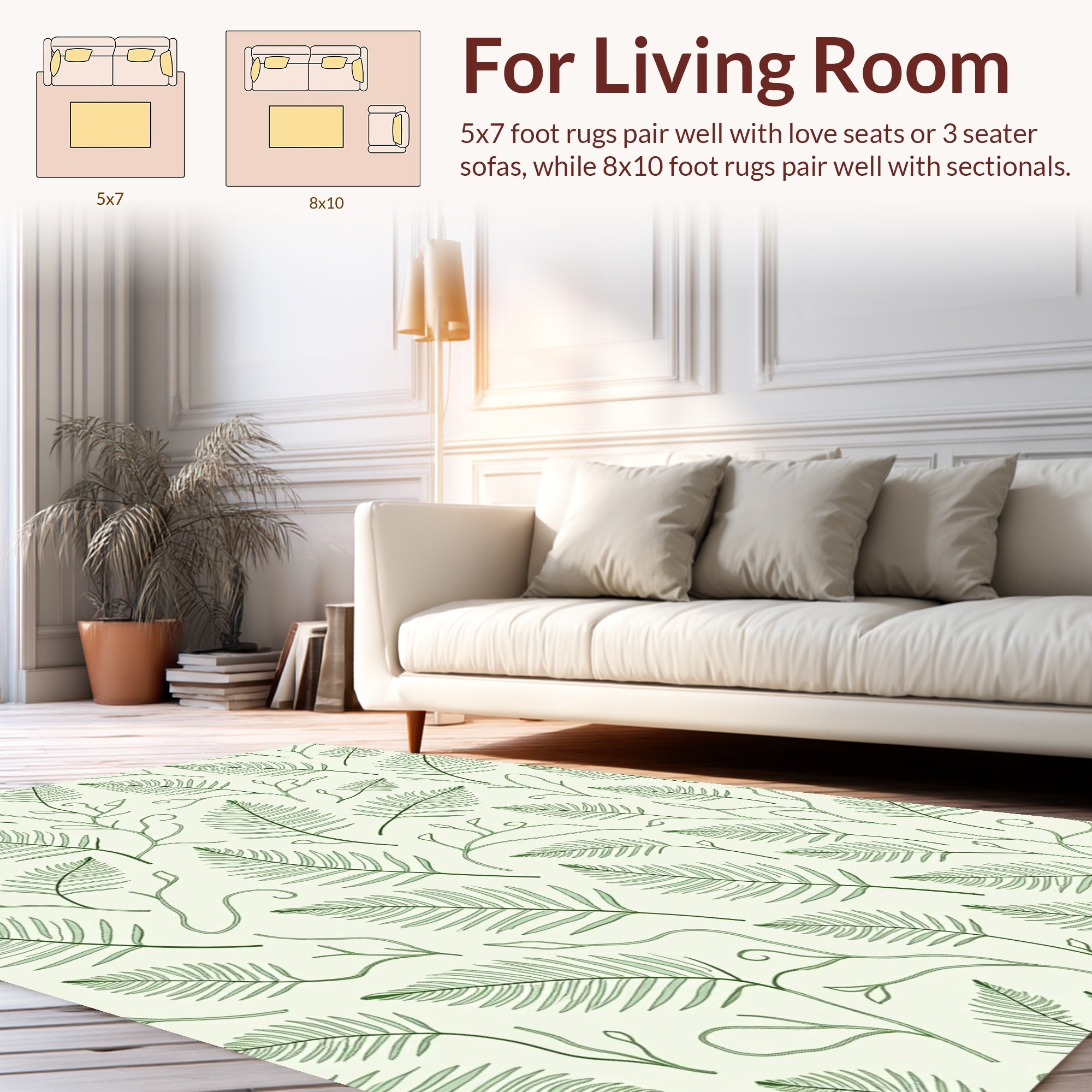 Delicate Green Fern Leaf Pattern Rug