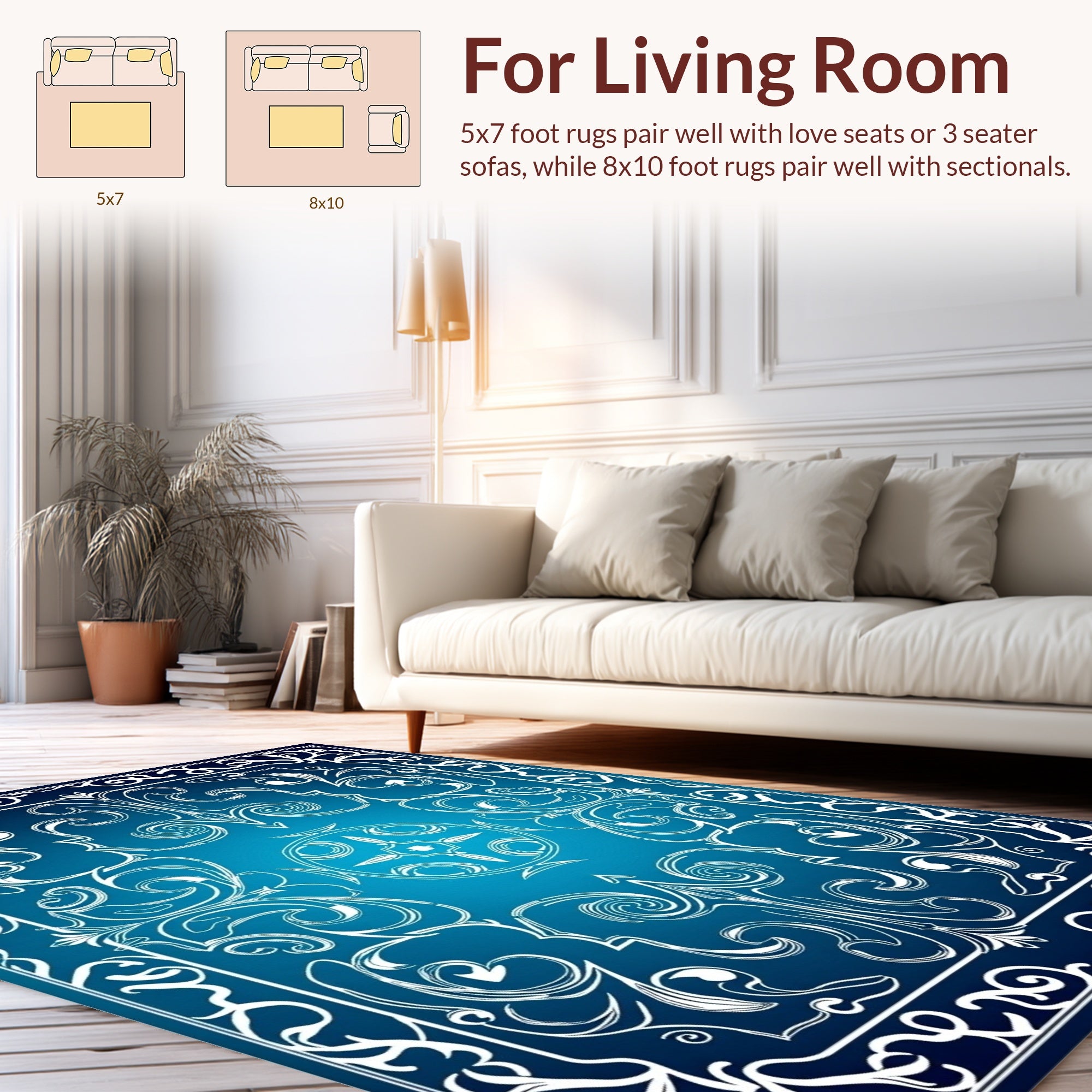 Elegant Blue Swirl Floral Motif Rug