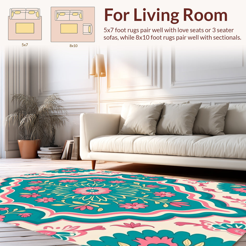 Floral Medallions with Teal Pink Accents Rug