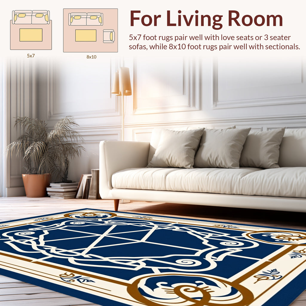 Elegant Blue White Brown Scrollwork Design Rug