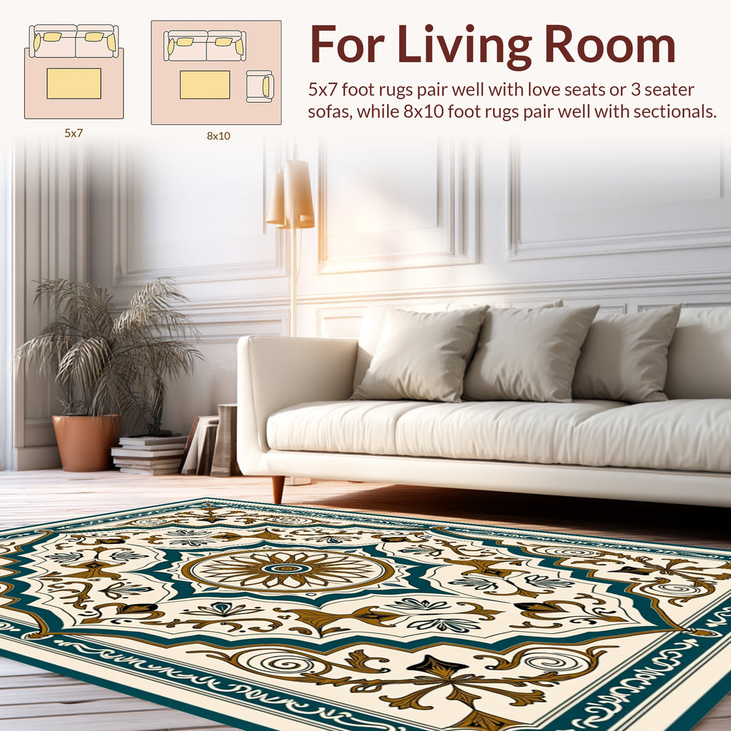 Elegant Teal And Gold Floral Medallion Rug