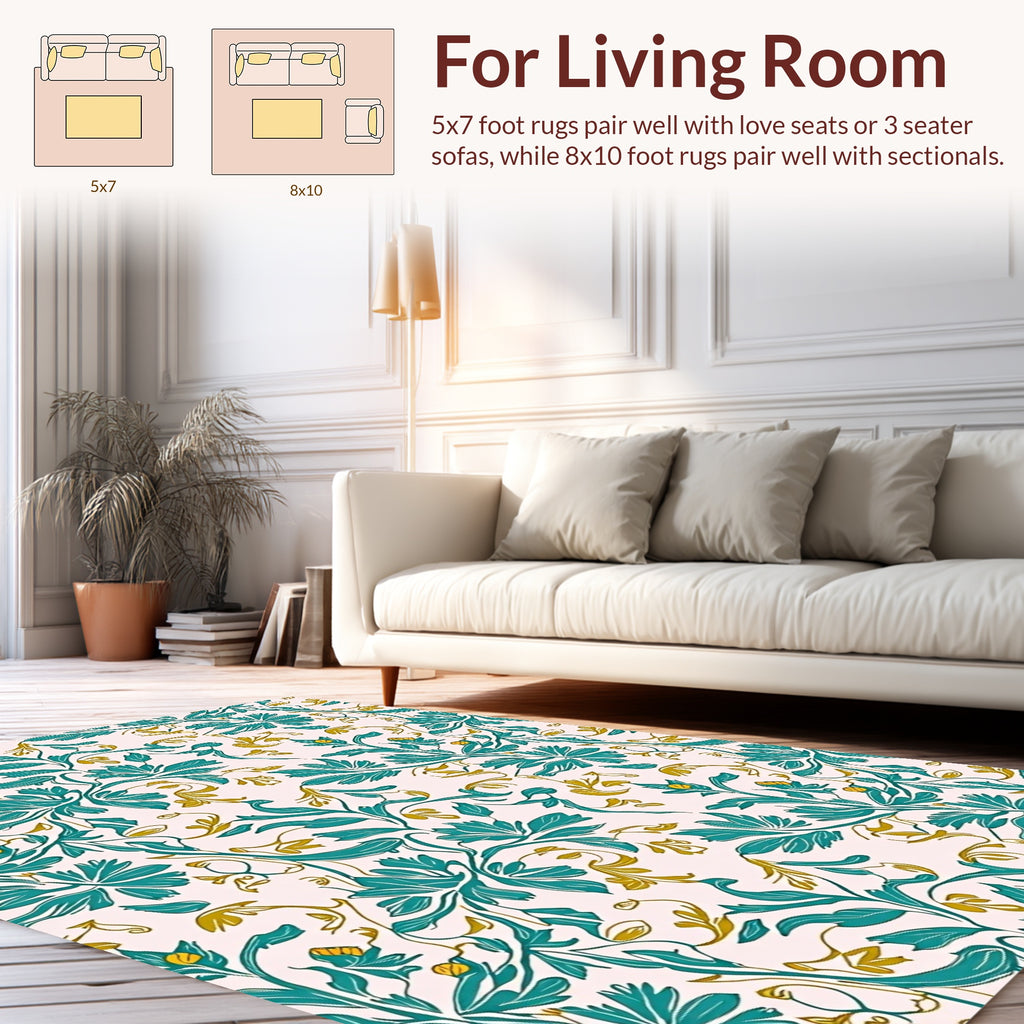 Teal Gold Flourishing Floral Design Rug