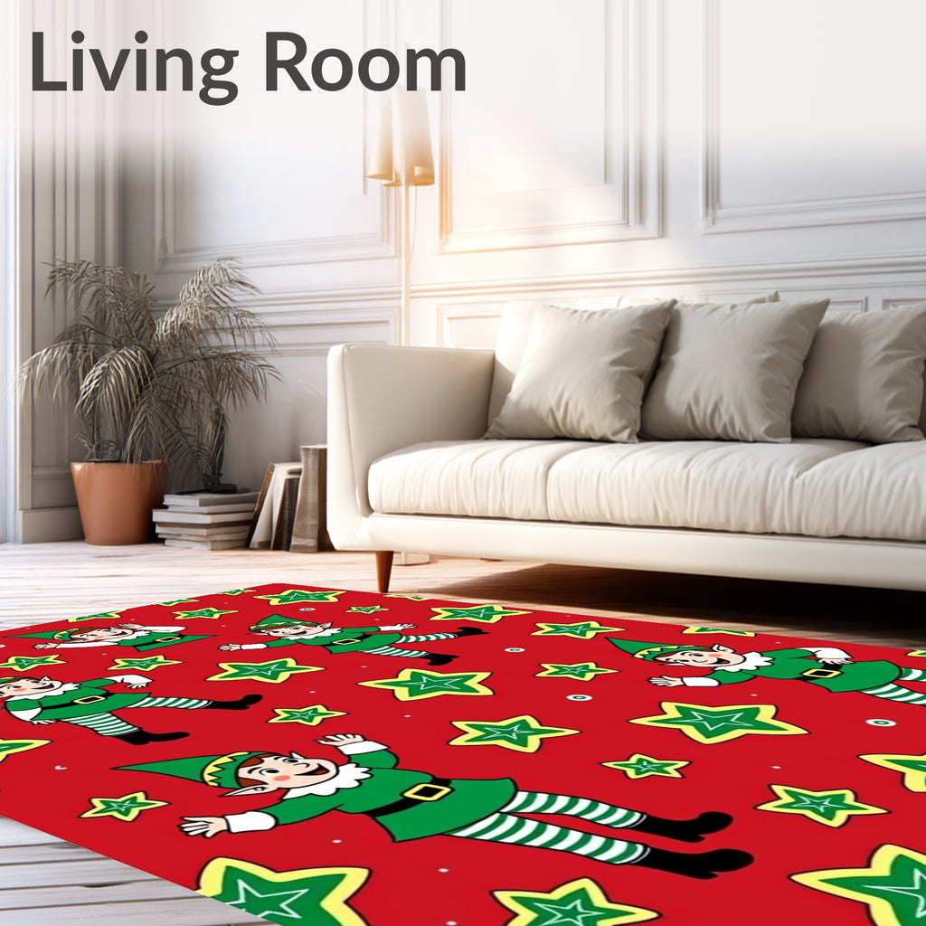 Festive Elves and Stars Red Fabric Rug