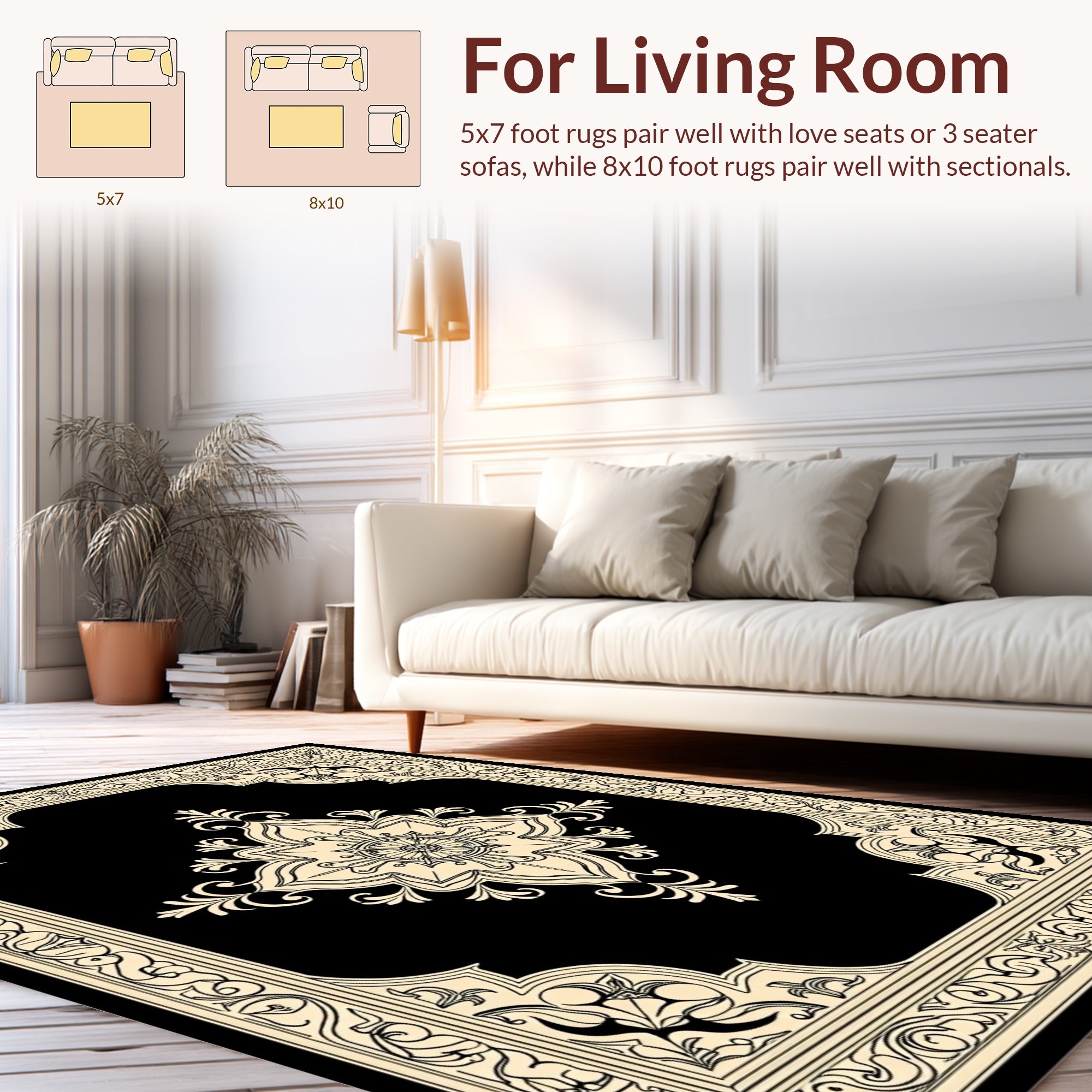 Ornate Floral Mandala Cream on Black Rug