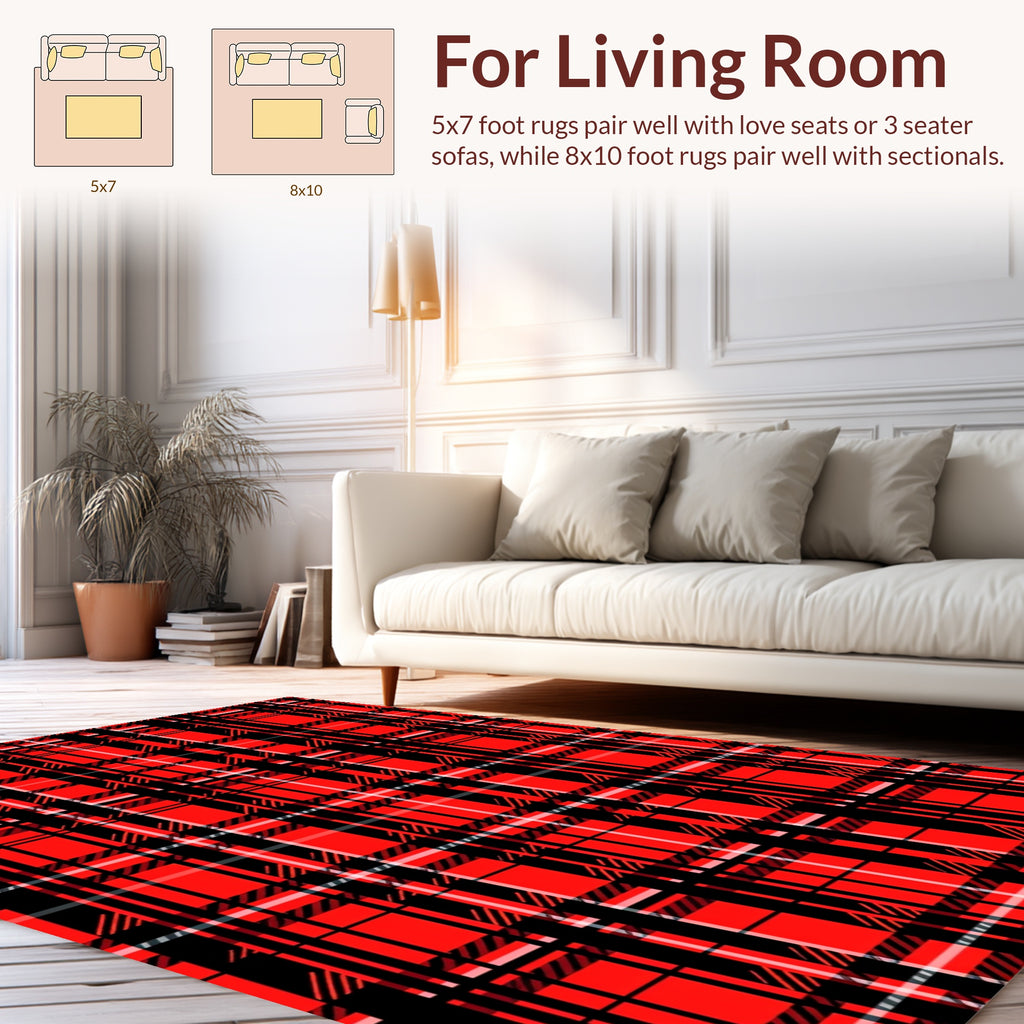 Bold Red Black Plaid Pattern Rug