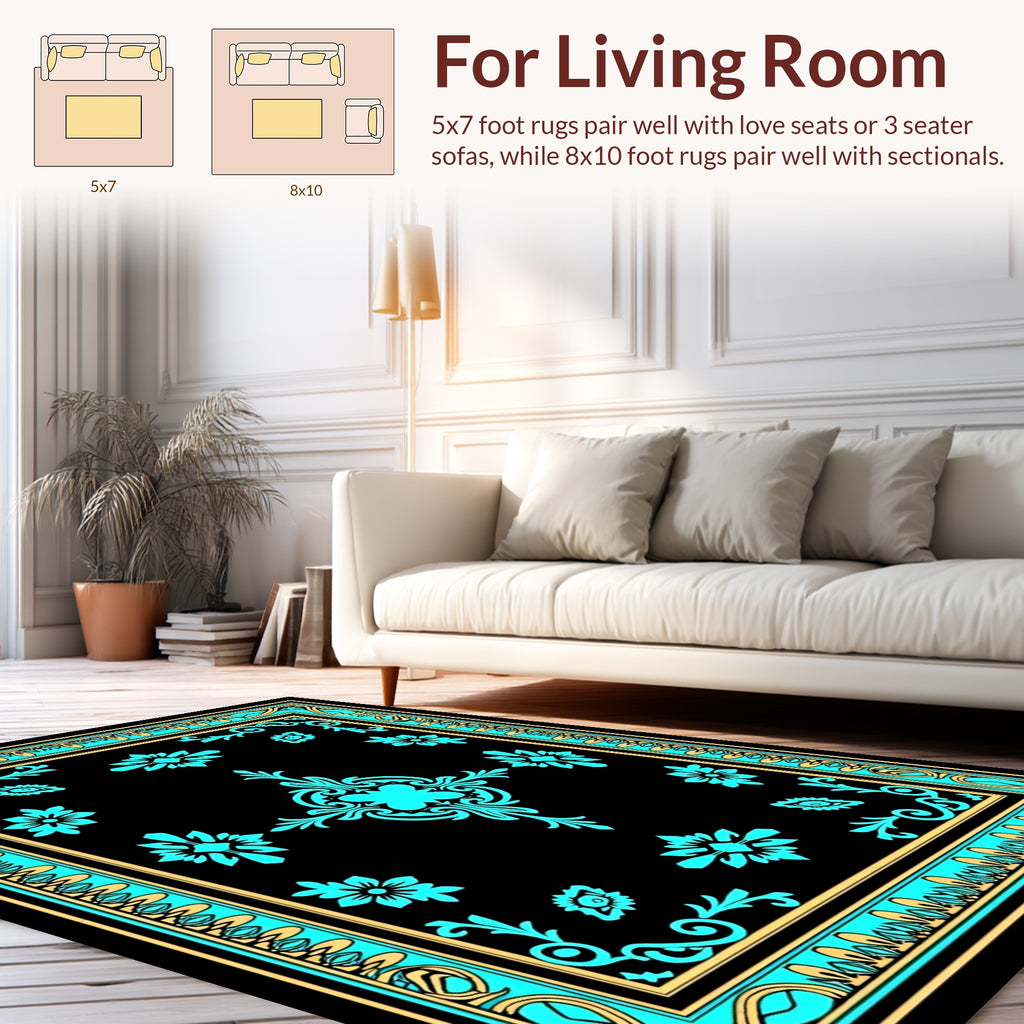Bold Teal Floral Border Design Rug